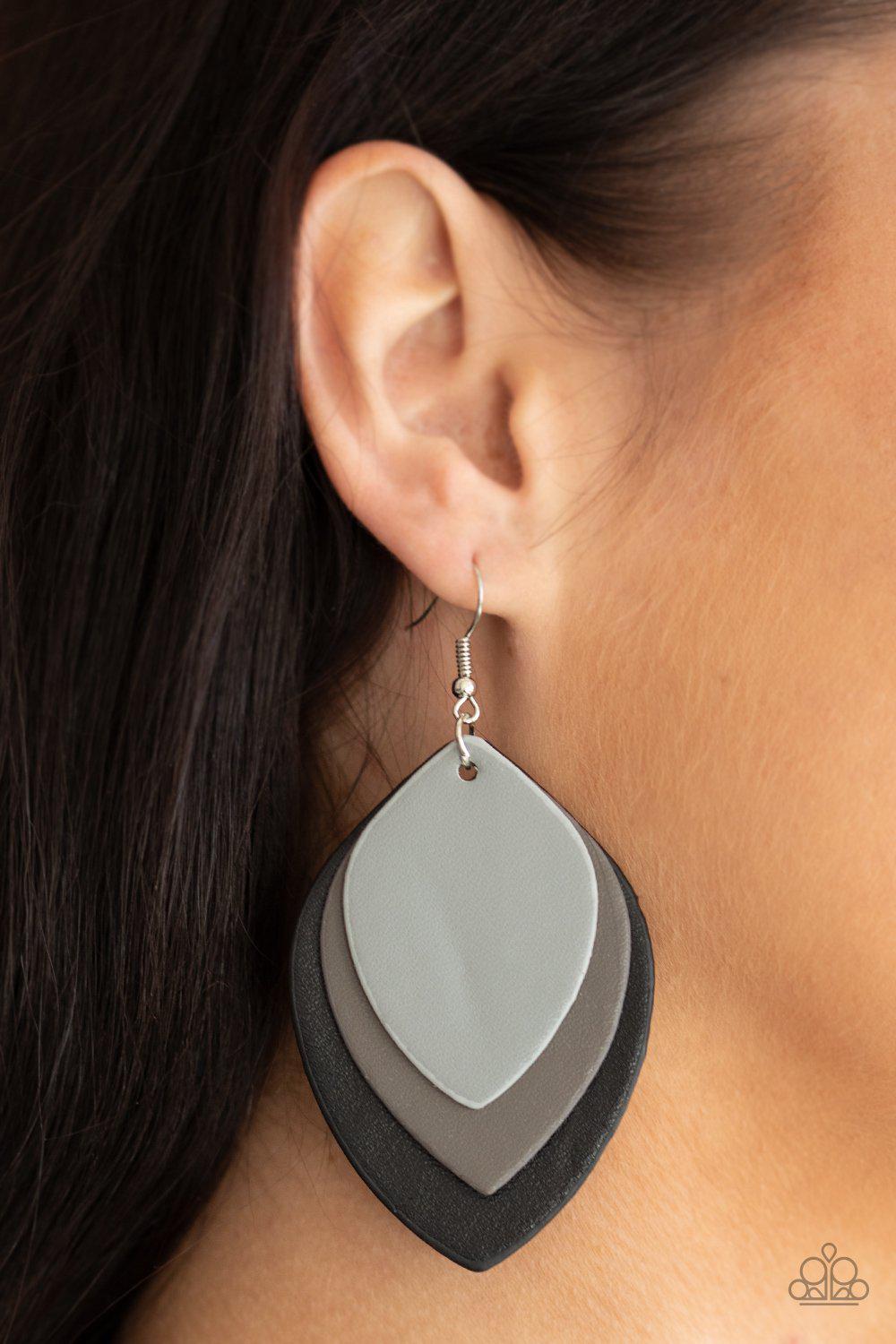 Light as a LEATHER Black Leather Earrings - Paparazzi Accessories - model -CarasShop.com - $5 Jewelry by Cara Jewels