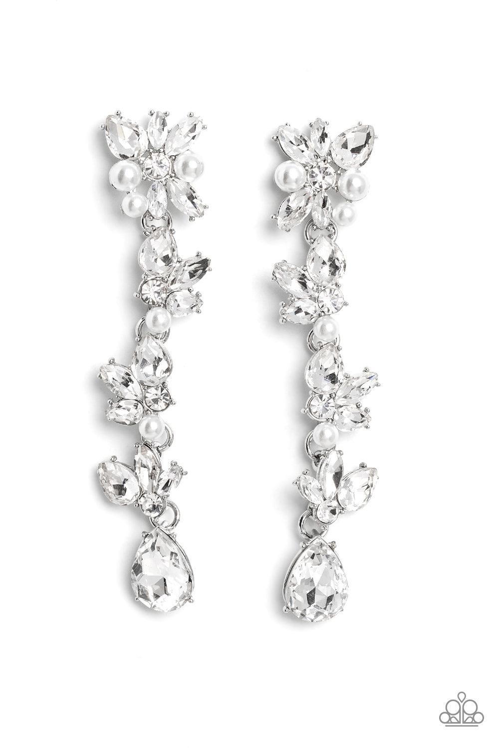 LIGHT at the Opera White Rhinestone &amp; Pearl Earrings - Paparazzi Accessories- lightbox - CarasShop.com - $5 Jewelry by Cara Jewels