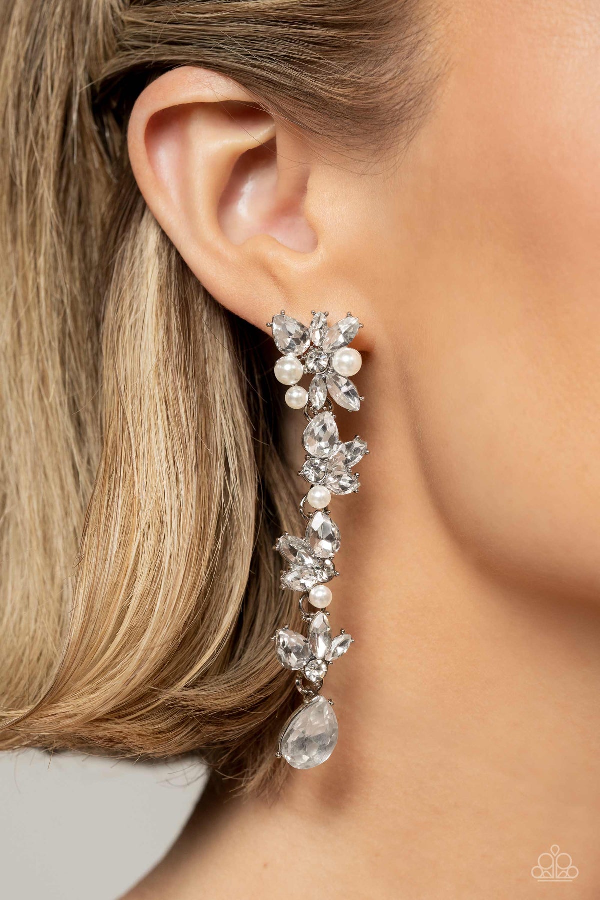 LIGHT at the Opera White Rhinestone &amp; Pearl Earrings - Paparazzi Accessories-on model - CarasShop.com - $5 Jewelry by Cara Jewels