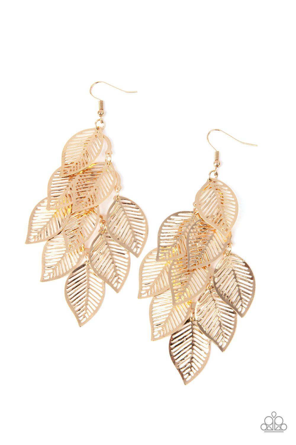 Limitlessly Leafy Gold Cascading Leaf Earrings - Paparazzi Accessories- lightbox - CarasShop.com - $5 Jewelry by Cara Jewels