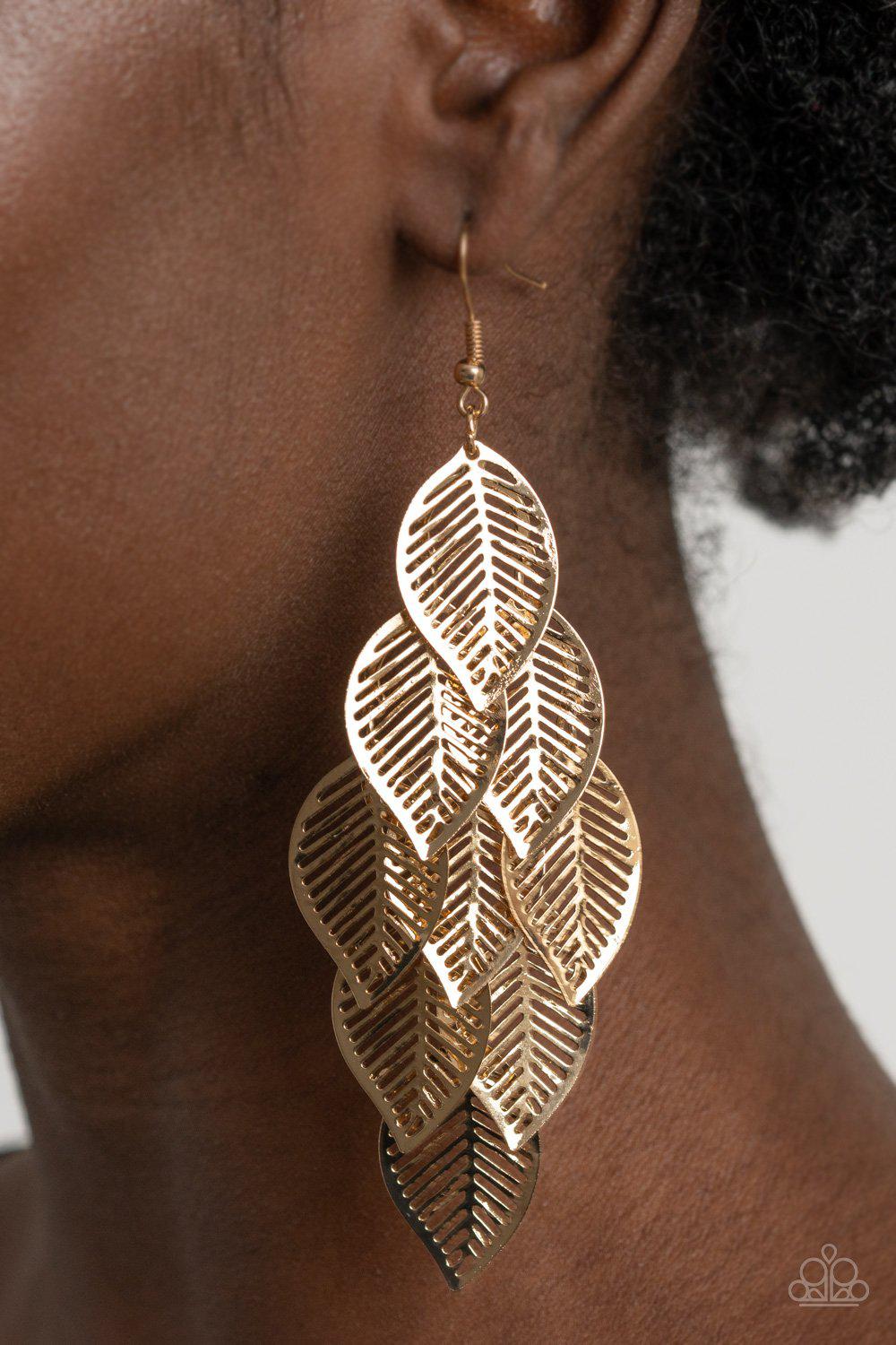 Limitlessly Leafy Gold Cascading Leaf Earrings - Paparazzi Accessories- model - CarasShop.com - $5 Jewelry by Cara Jewels