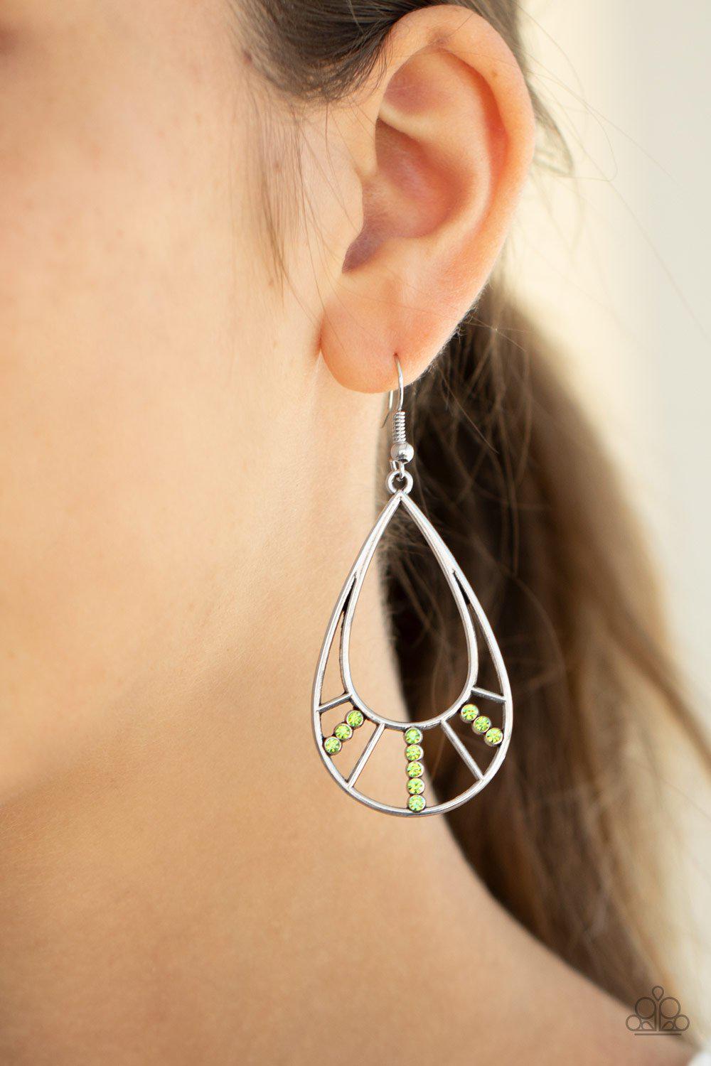 Line Crossing Sparkle Green Rhinestone Earrings - Paparazzi Accessories-CarasShop.com - $5 Jewelry by Cara Jewels