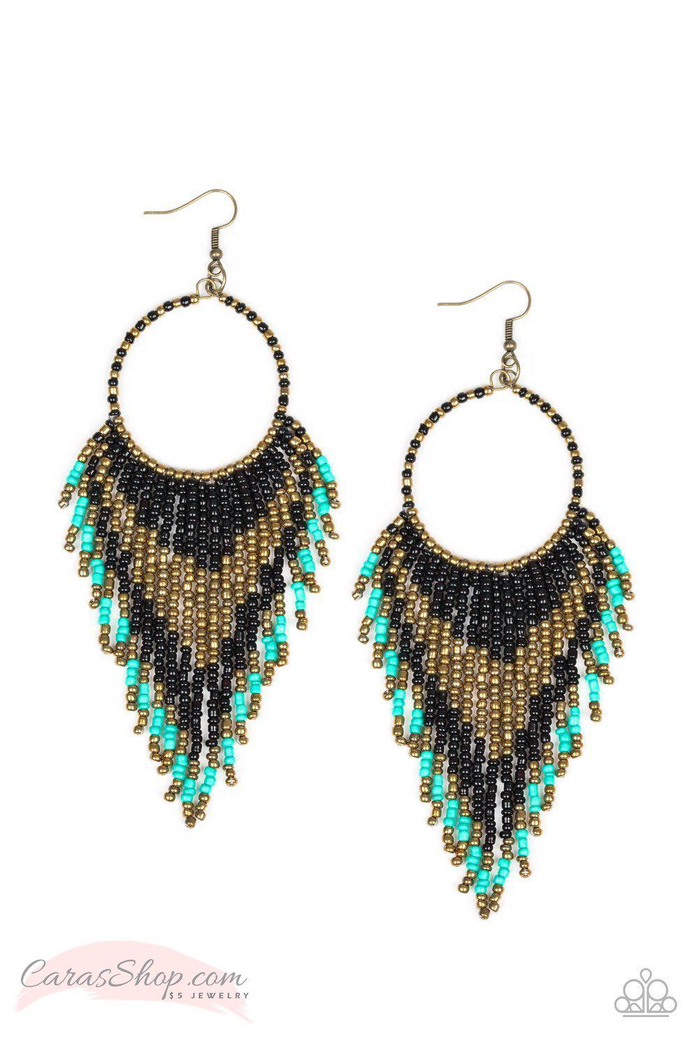 Live Off The Badlands - Black and Turquoise Seed Bead Earrings - Paparazzi Accessories-CarasShop.com - $5 Jewelry by Cara Jewels