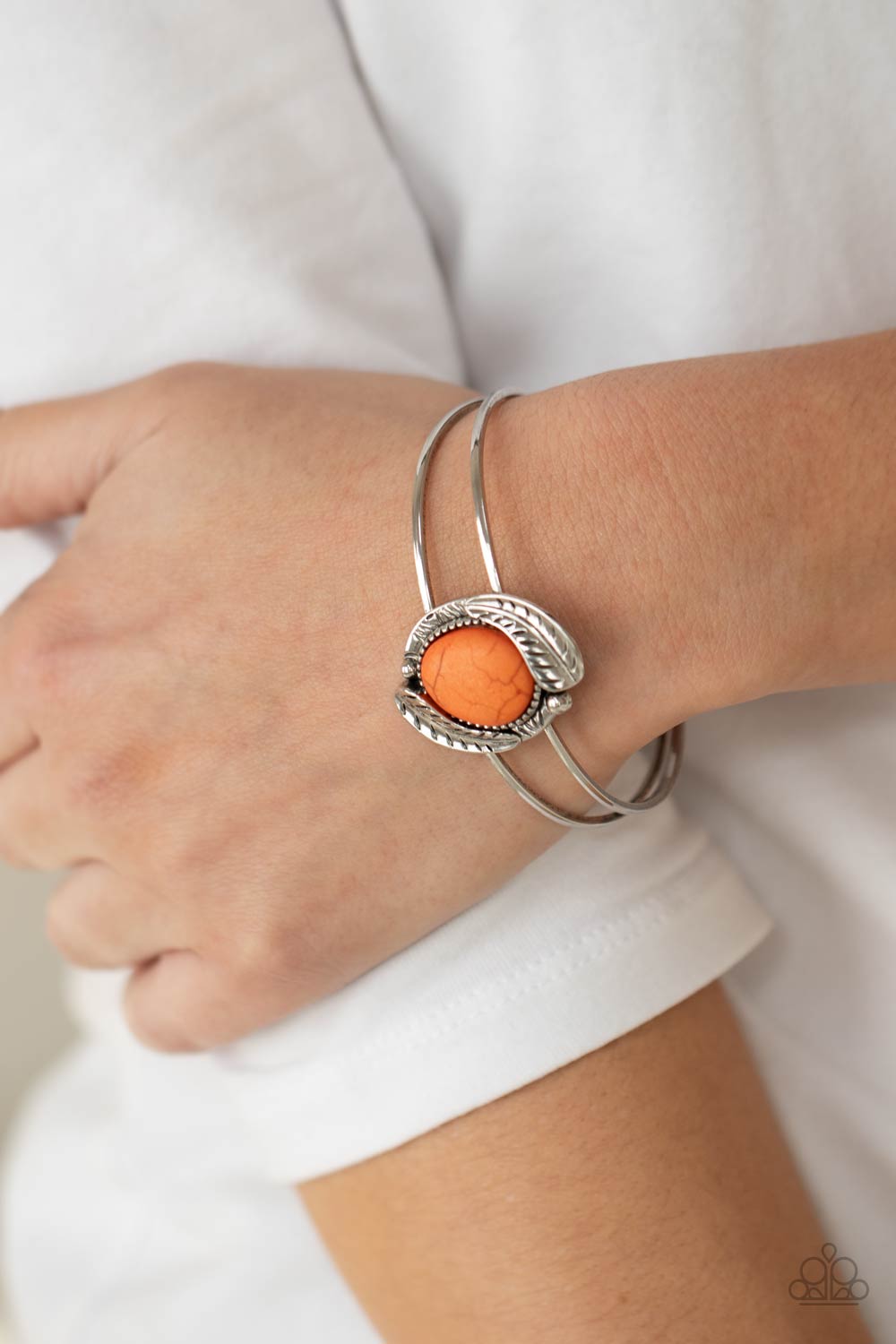 Living Off The BANDLANDS Orange Stone Cuff Bracelet - Paparazzi Accessories- model - CarasShop.com - $5 Jewelry by Cara Jewels
