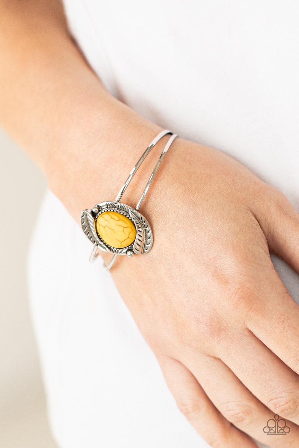 Living Off The BANDLANDS Yellow Stone Cuff Bracelet - Paparazzi Accessories-on model - CarasShop.com - $5 Jewelry by Cara Jewels