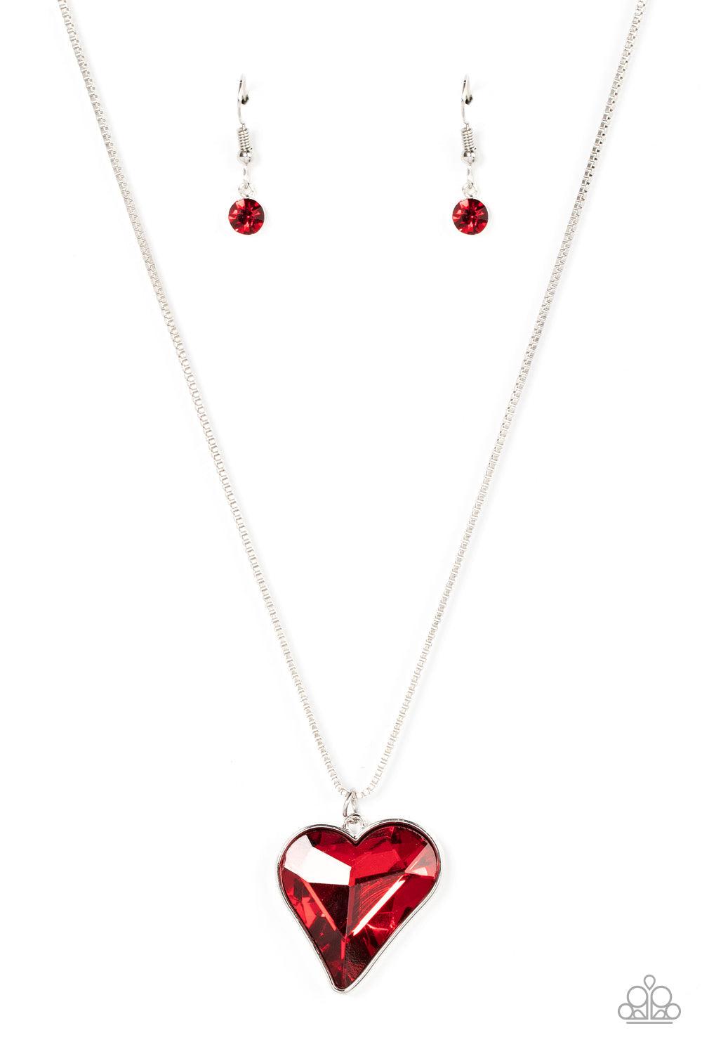 Lockdown My Heart Red Rhinestone Heart Necklace - Paparazzi Accessories- lightbox - CarasShop.com - $5 Jewelry by Cara Jewels