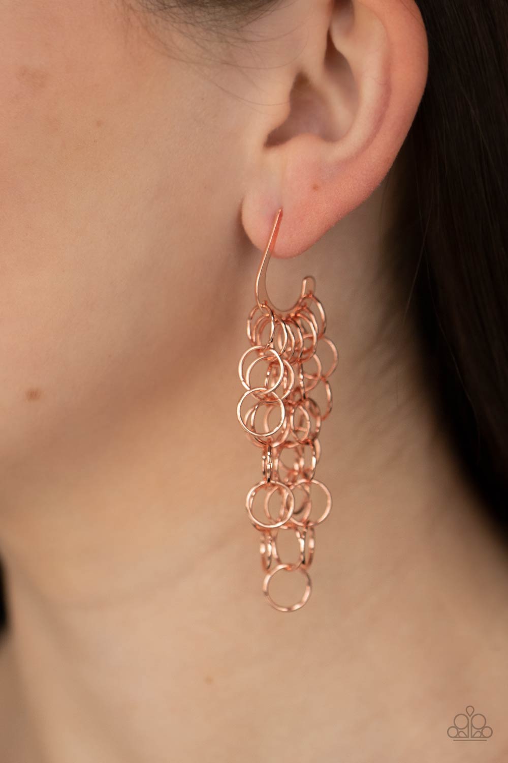 Long Live The Rebels Copper Cascading Ring Hoop Earrings - Paparazzi Accessories- model - CarasShop.com - $5 Jewelry by Cara Jewels