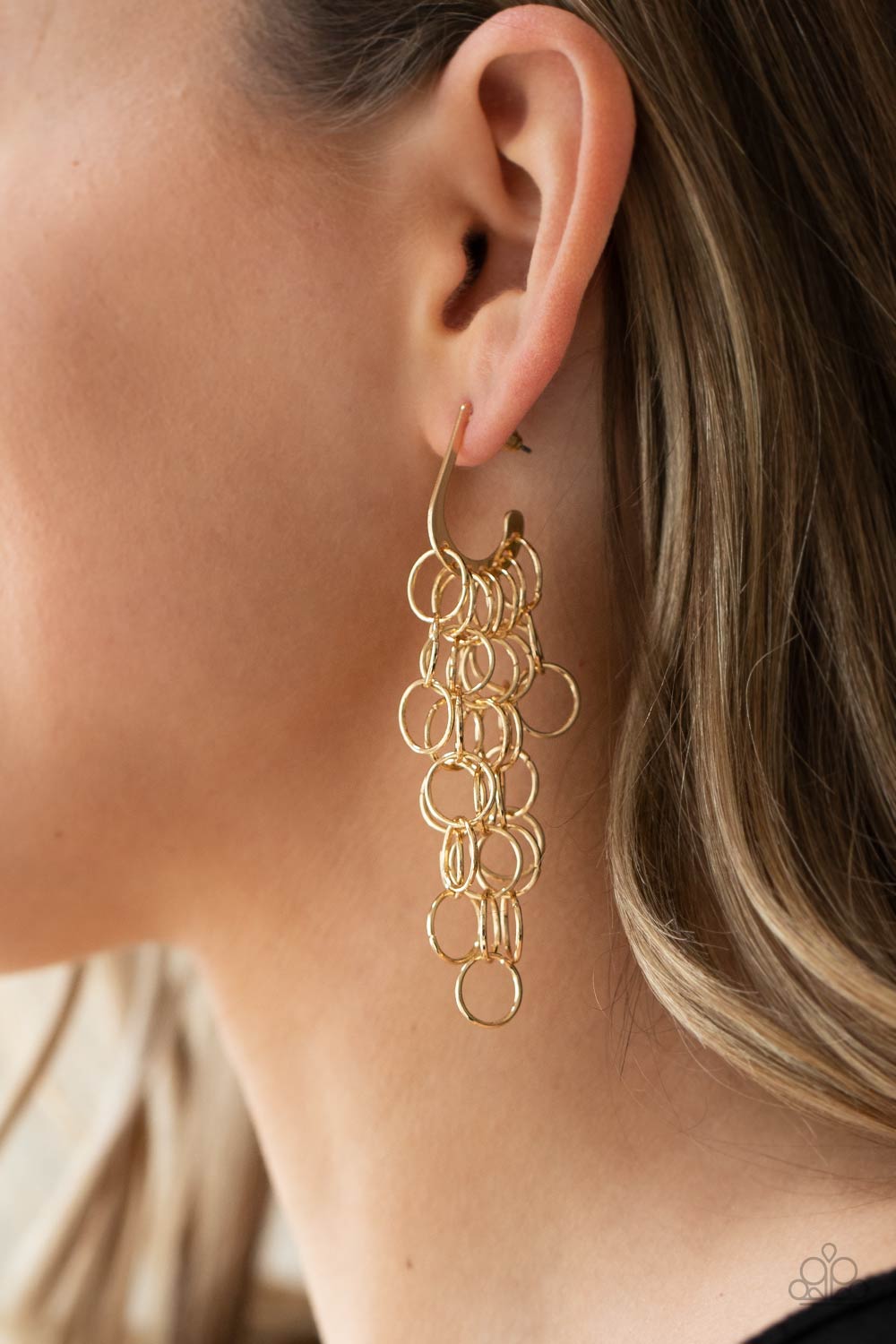 Long Live The Rebels Gold Cascading Hoop Earrings - Paparazzi Accessories- model - CarasShop.com - $5 Jewelry by Cara Jewels