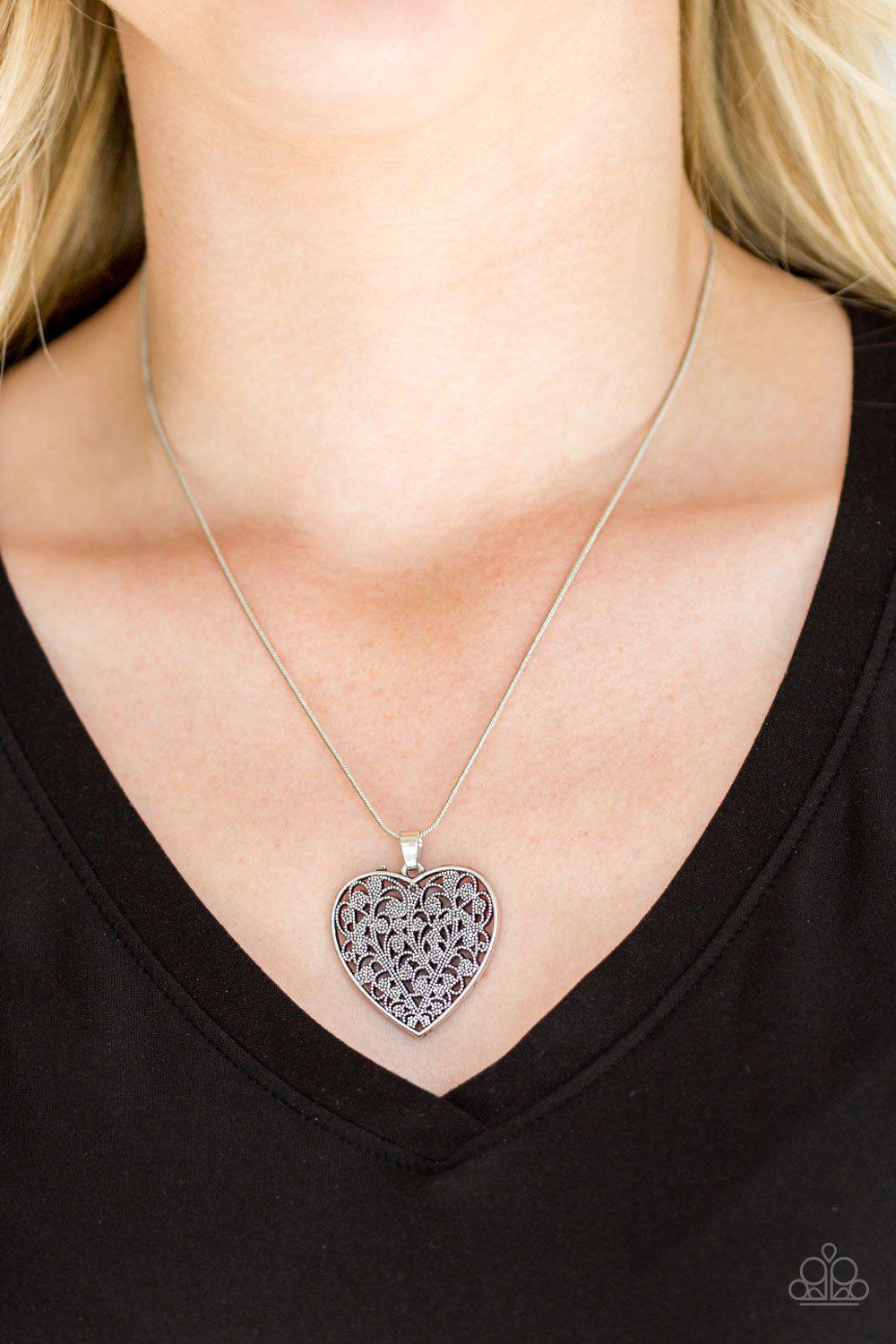 Look Into Your Heart Silver Filigree Heart Necklace - Paparazzi Accessories - model -CarasShop.com - $5 Jewelry by Cara Jewels