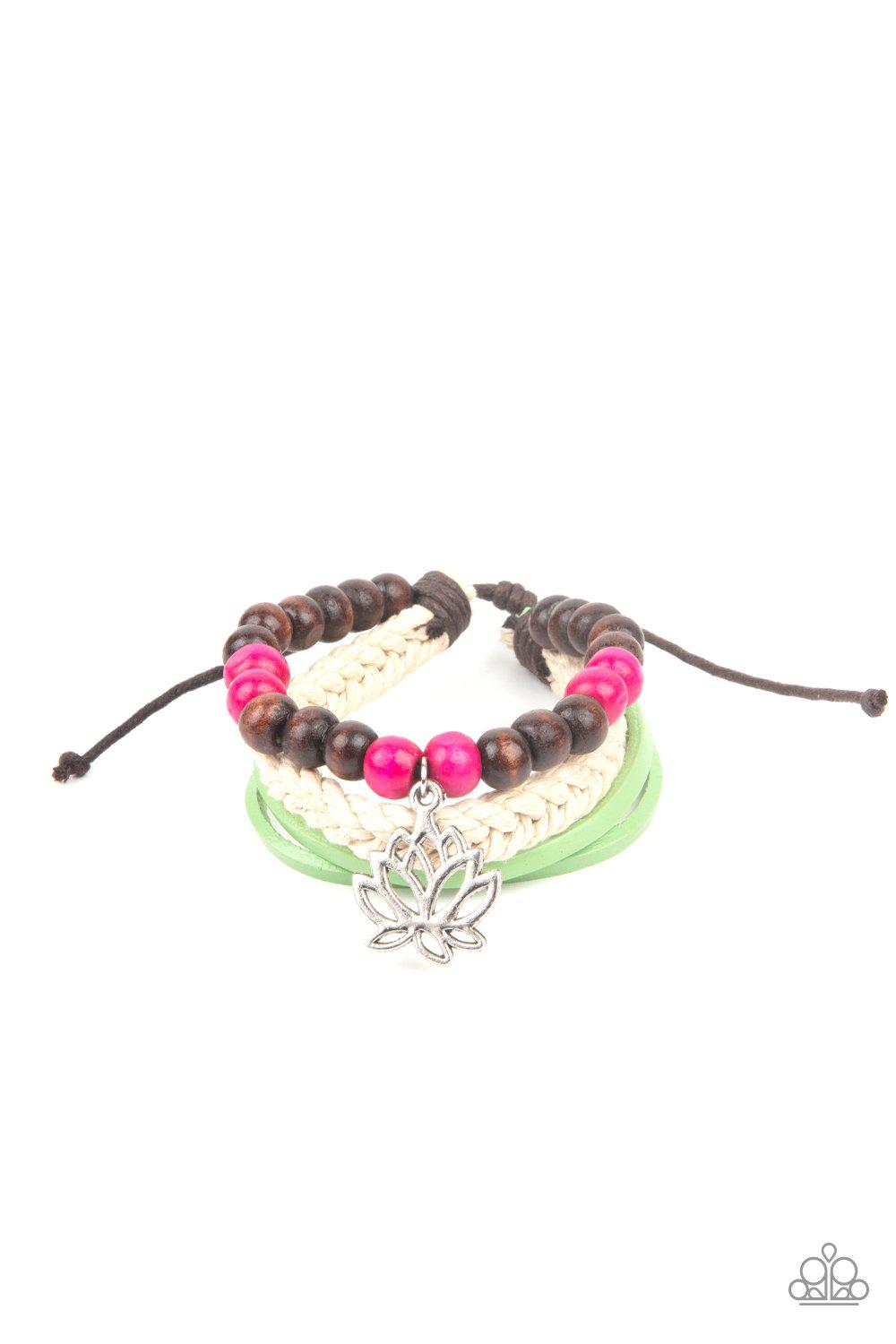 Lotus Beach Pink, Wood and Green Leather Urban Knot Bracelet - Paparazzi Accessories- lightbox - CarasShop.com - $5 Jewelry by Cara Jewels