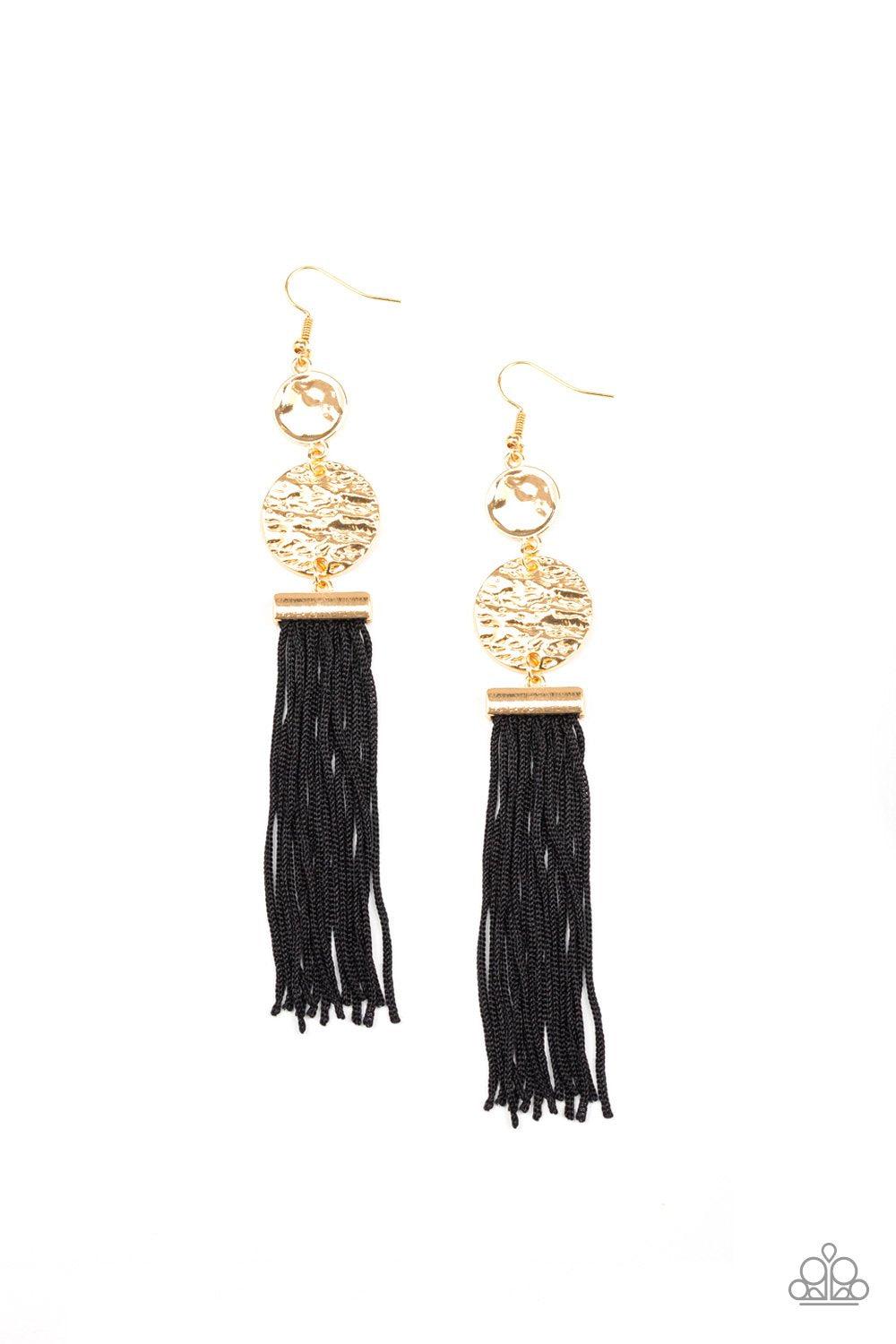 Lotus Gardens Gold and Black Fringe Earrings - Paparazzi Accessories-CarasShop.com - $5 Jewelry by Cara Jewels