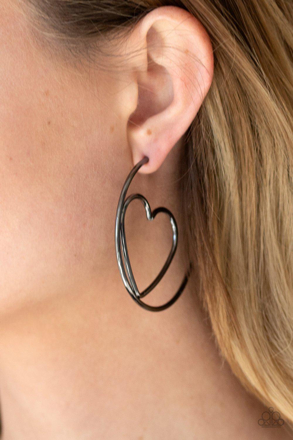 Love At First BRIGHT Gunmetal Black Heart Hoop Earrings - Paparazzi Accessories - model -CarasShop.com - $5 Jewelry by Cara Jewels
