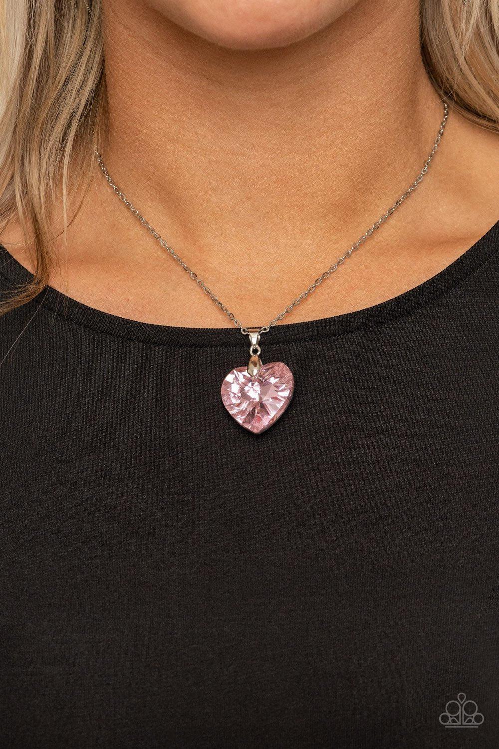 Love Hurts Pink Rhinestone Heart Necklace - Paparazzi Accessories - model -CarasShop.com - $5 Jewelry by Cara Jewels