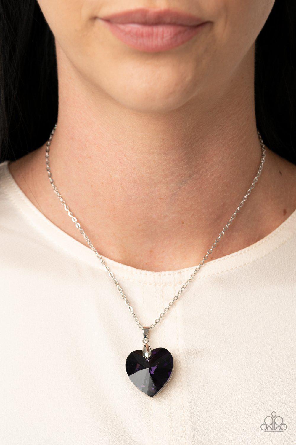 Love Hurts Purple Rhinestone Heart Necklace - Paparazzi Accessories - model -CarasShop.com - $5 Jewelry by Cara Jewels