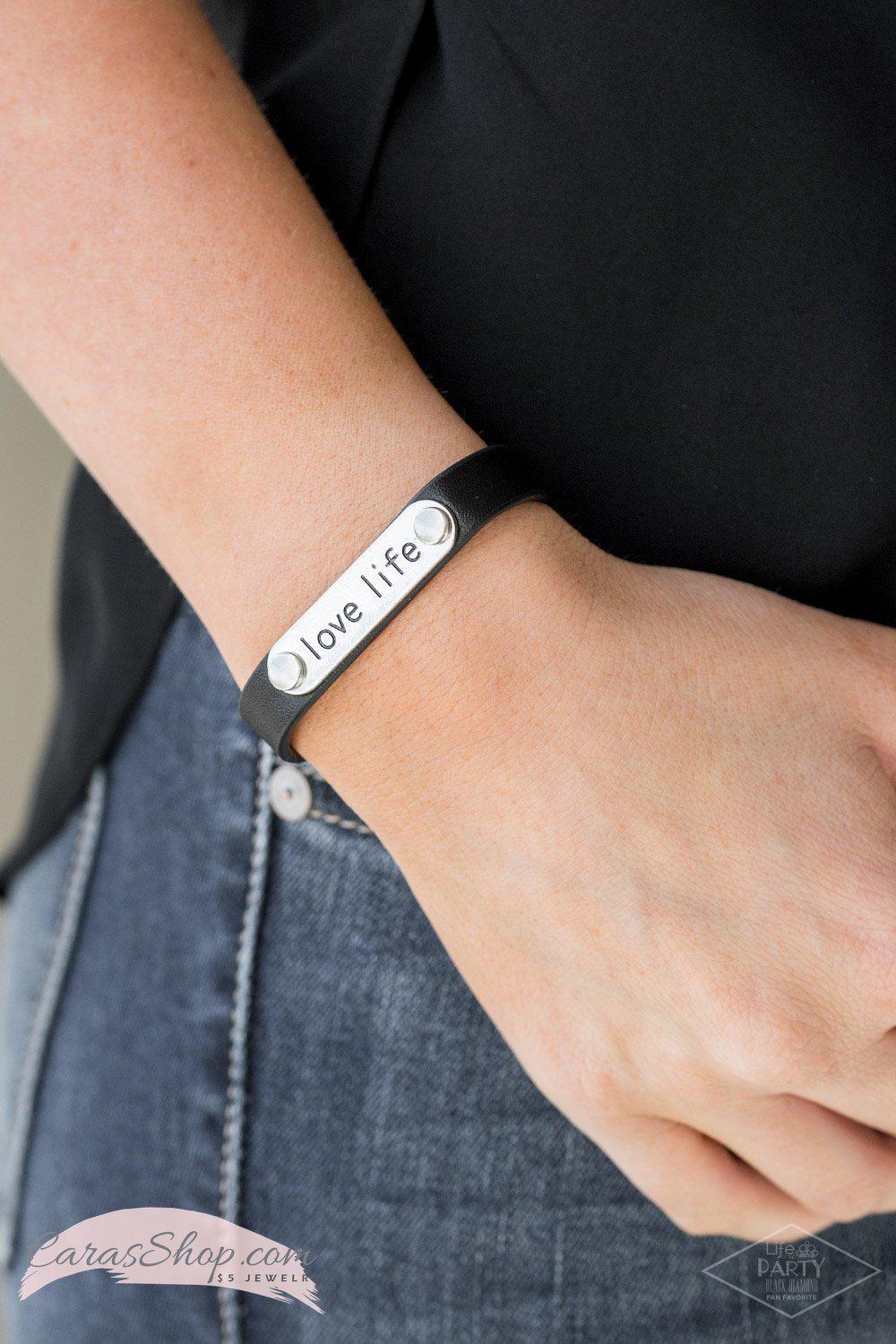 Love-Life Black Leather Wrap Snap Word Bracelet - Paparazzi Accessories-CarasShop.com - $5 Jewelry by Cara Jewels