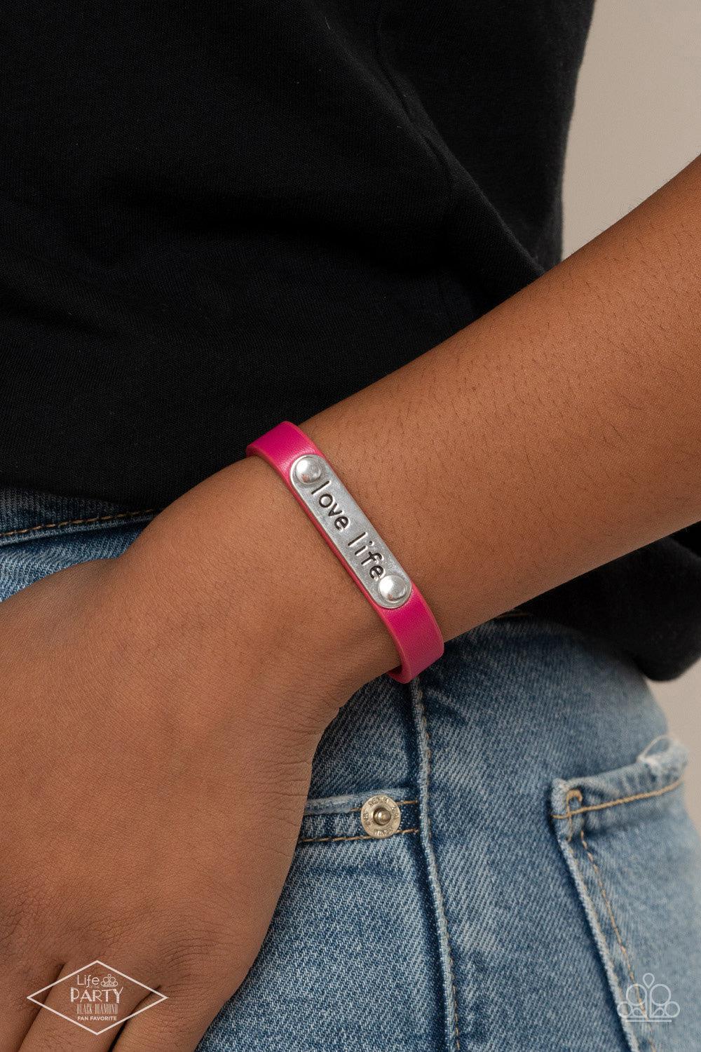 Love Life Pink Leather Inspirational Bracelet - Paparazzi Accessories-on model - CarasShop.com - $5 Jewelry by Cara Jewels