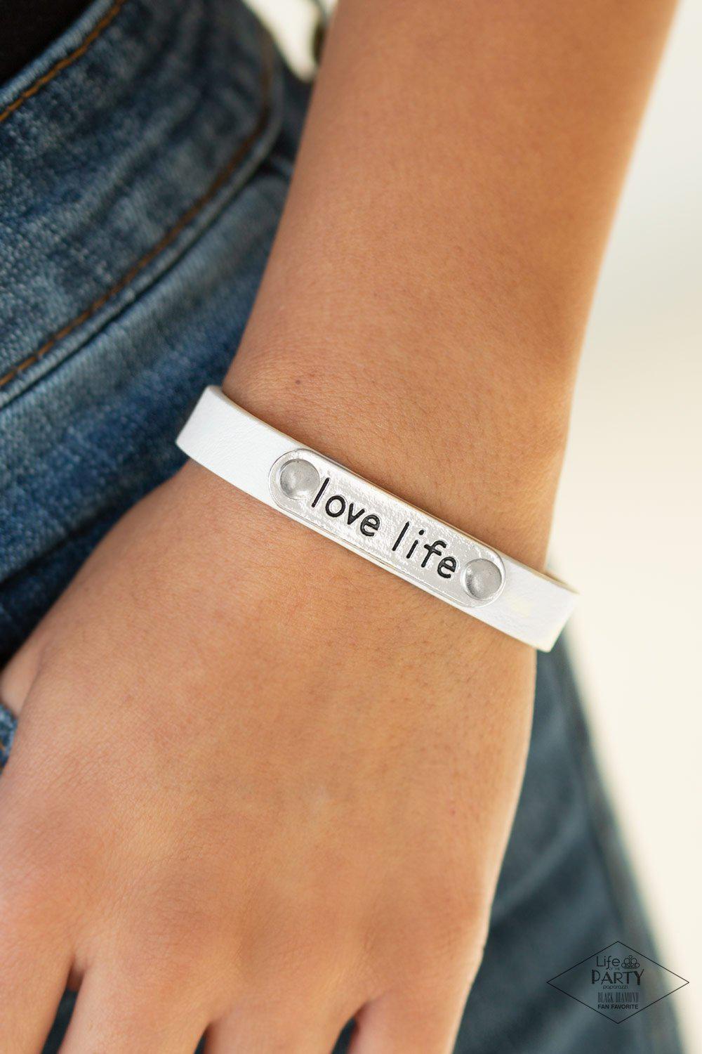 Love-Life White Leather Inspirational Wrap Snap Bracelet - Paparazzi Accessories-CarasShop.com - $5 Jewelry by Cara Jewels