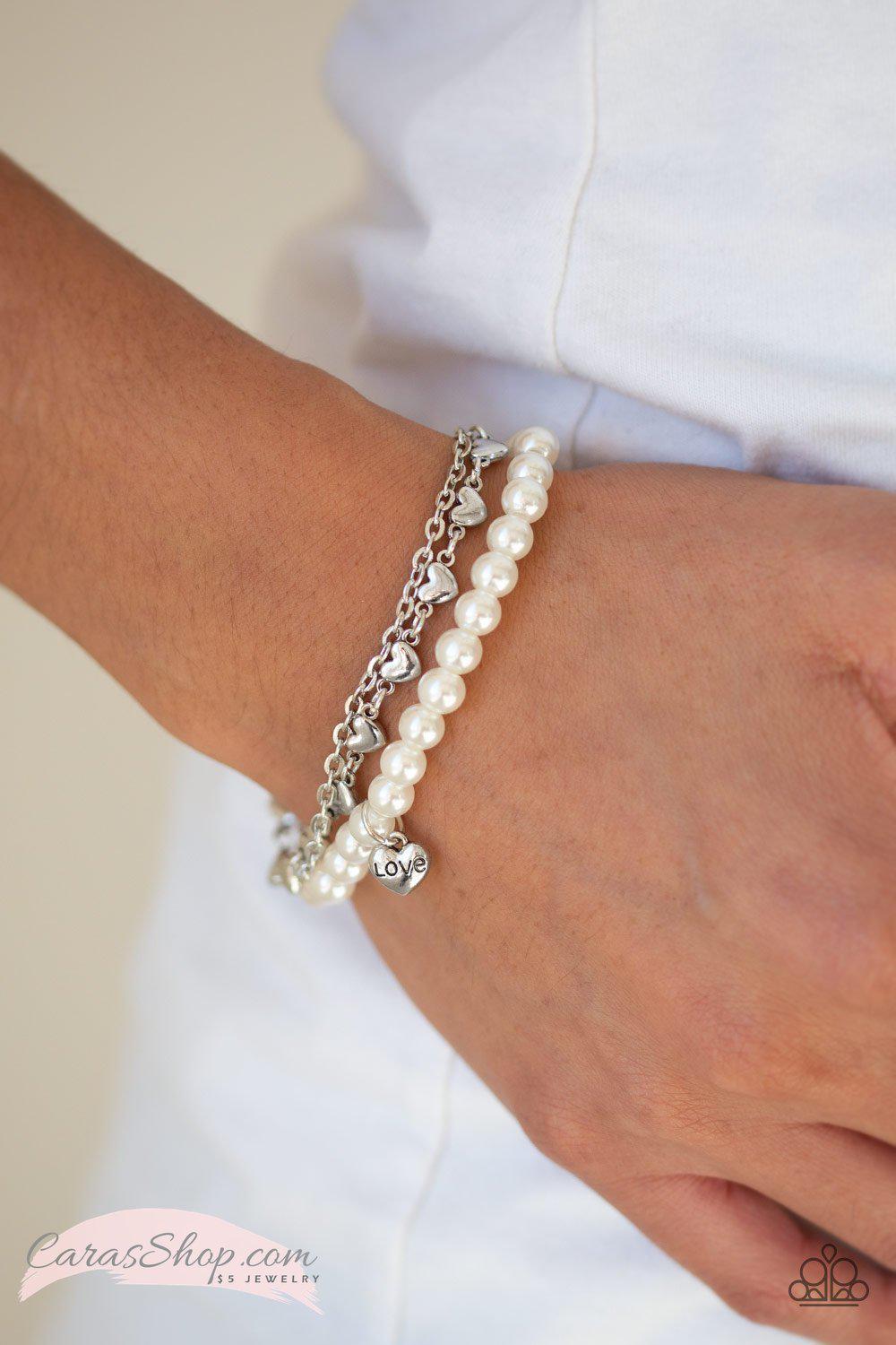 Love Like You Mean It White Pearl Bracelet - Paparazzi Accessories-CarasShop.com - $5 Jewelry by Cara Jewels
