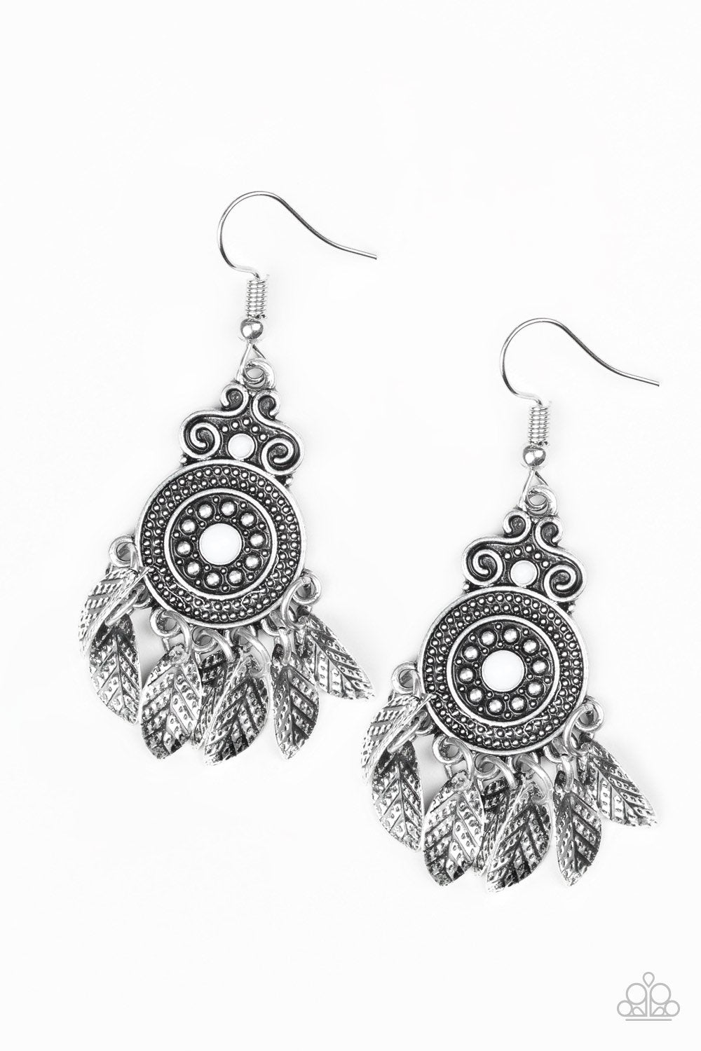Lower East WILDSIDE White and Silver Leaf Earrings - Paparazzi Accessories-CarasShop.com - $5 Jewelry by Cara Jewels