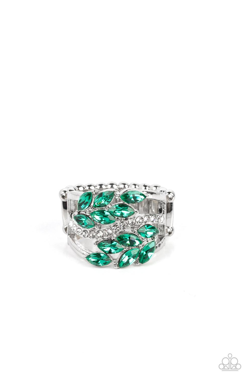 Luminously Leafy Green Rhinestone Ring - Paparazzi Accessories- lightbox - CarasShop.com - $5 Jewelry by Cara Jewels