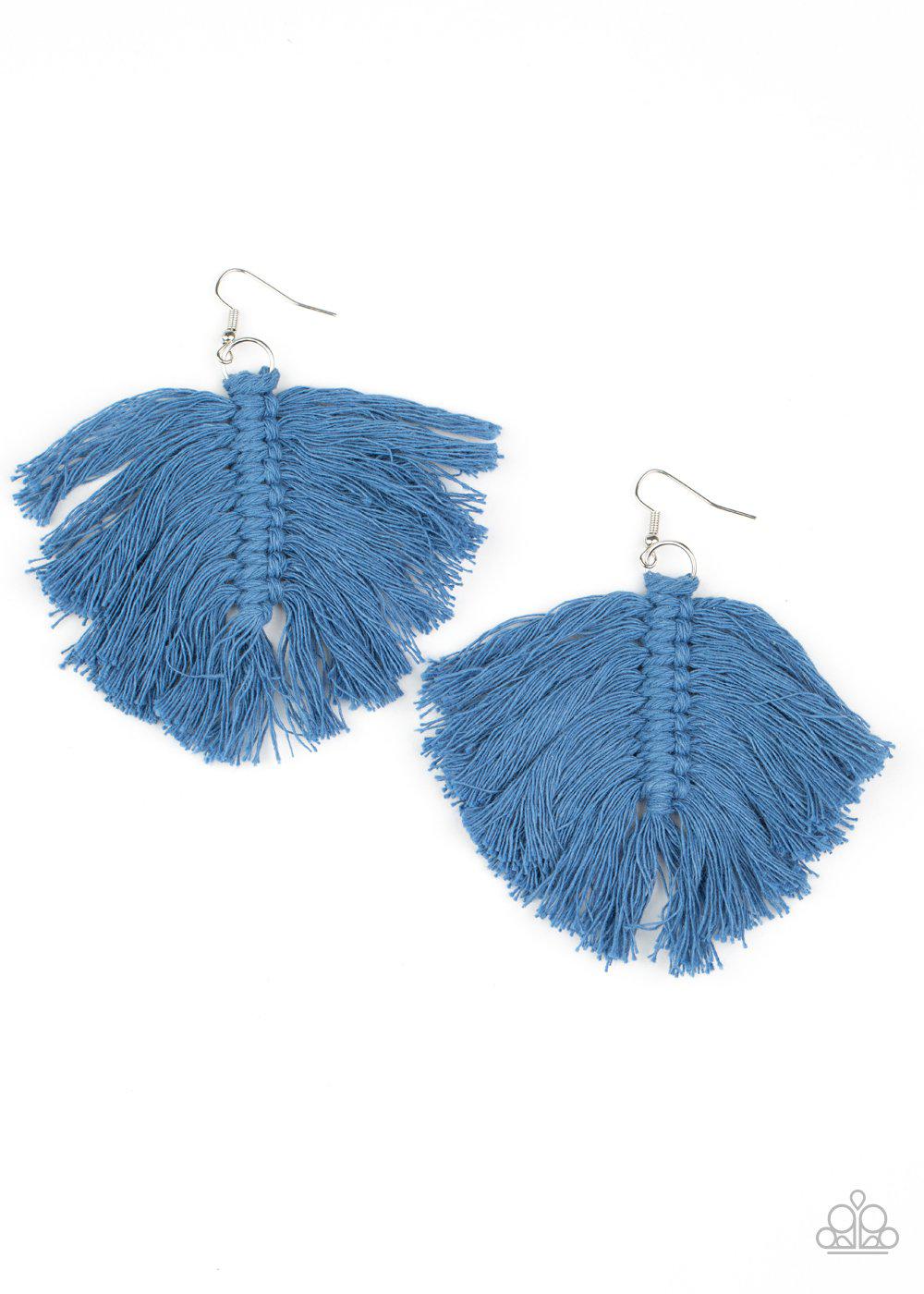 Macrame Mamba Blue Fringe Earrings - Paparazzi Accessories-CarasShop.com - $5 Jewelry by Cara Jewels