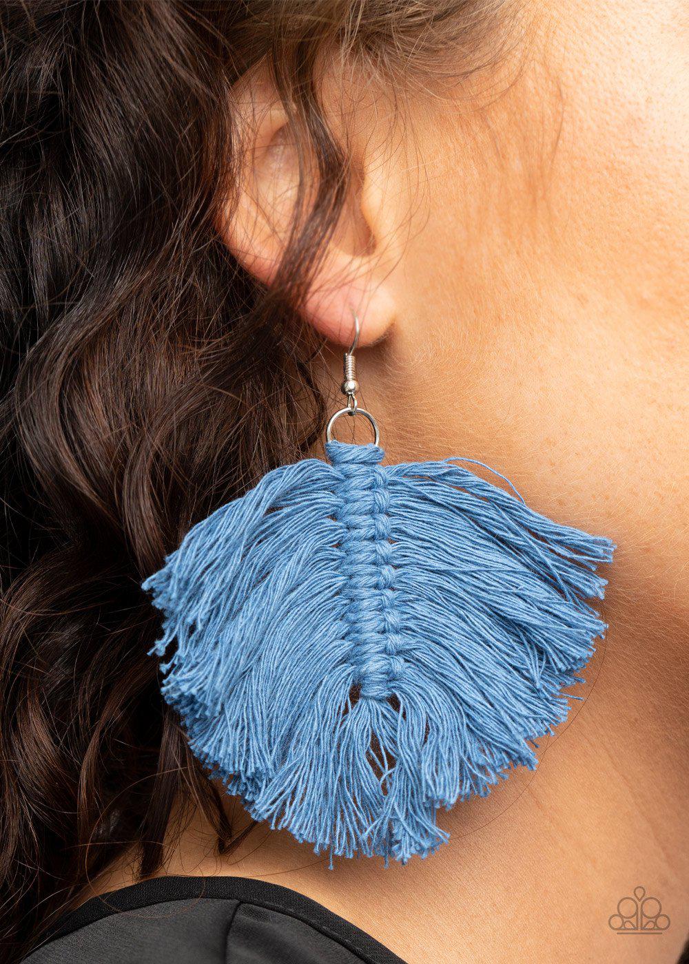 Macrame Mamba Blue Fringe Earrings - Paparazzi Accessories-CarasShop.com - $5 Jewelry by Cara Jewels