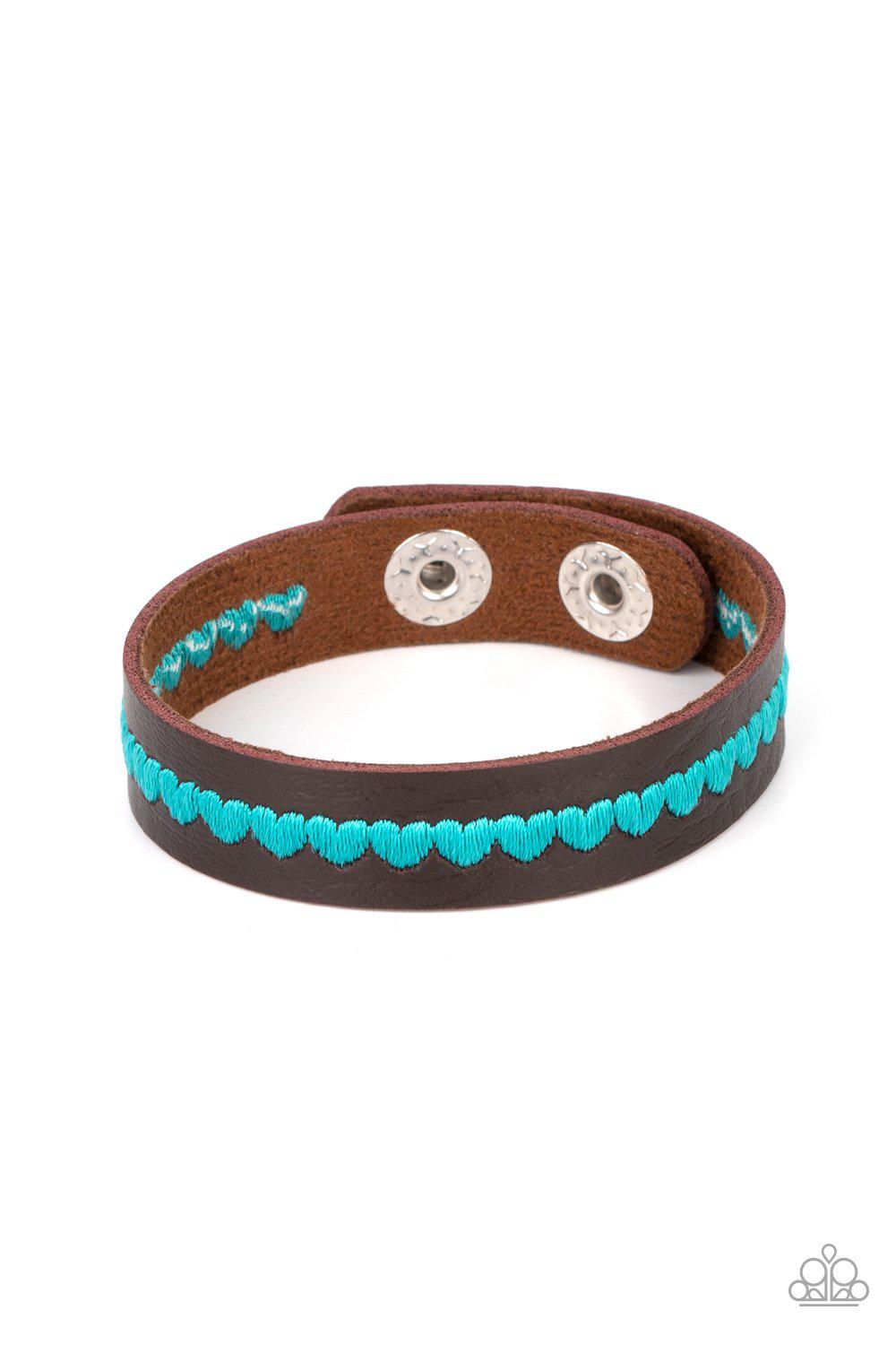 Made With Love Blue Heart and Brown Leather Urban Wrap Snap Bracelet - Paparazzi Accessories- lightbox - CarasShop.com - $5 Jewelry by Cara Jewels