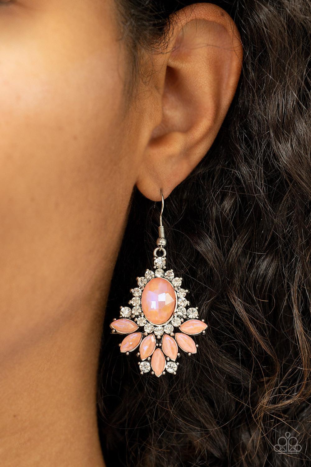 Magic Spell Sparkle Coral Orange Rhinestone Earrings - Paparazzi Accessories-on model - CarasShop.com - $5 Jewelry by Cara Jewels