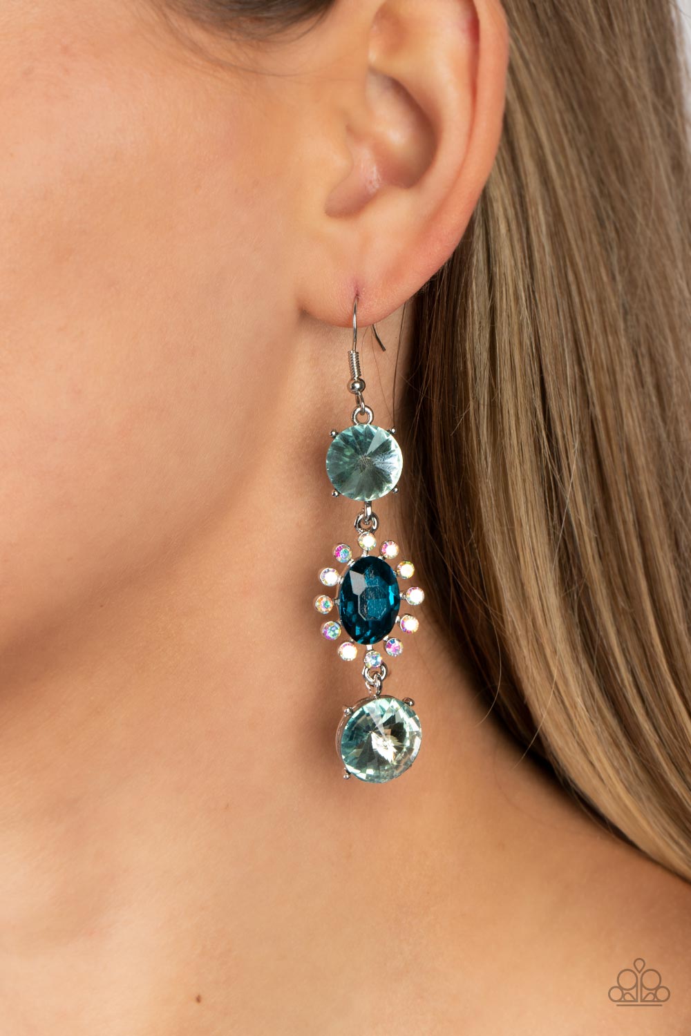 Magical Melodrama Blue Iridescent Rhinestone Earrings - Paparazzi Accessories-on model - CarasShop.com - $5 Jewelry by Cara Jewels