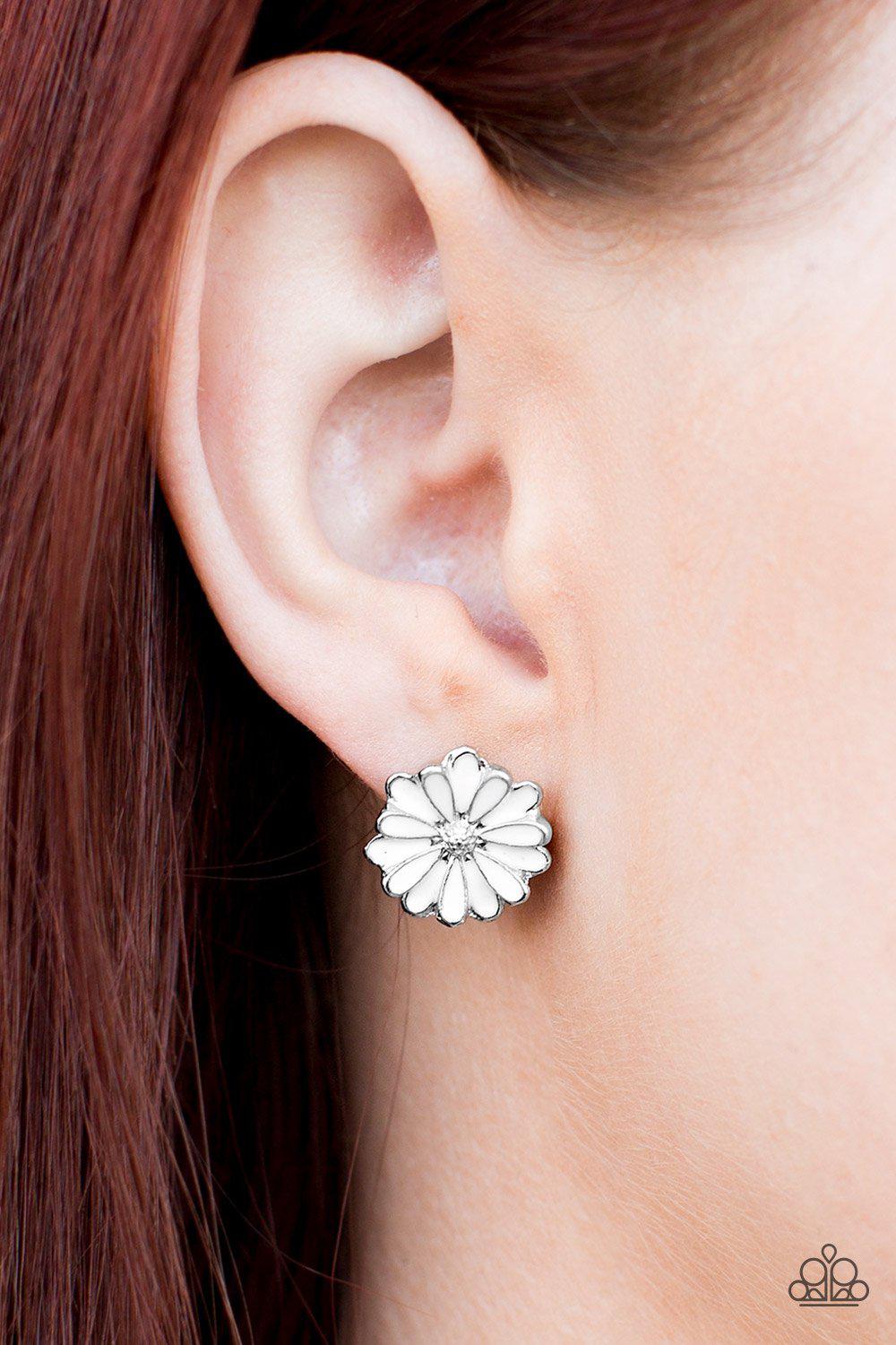 Magnificent Magnolia White Flower Post Earrings - Paparazzi Accessories-CarasShop.com - $5 Jewelry by Cara Jewels