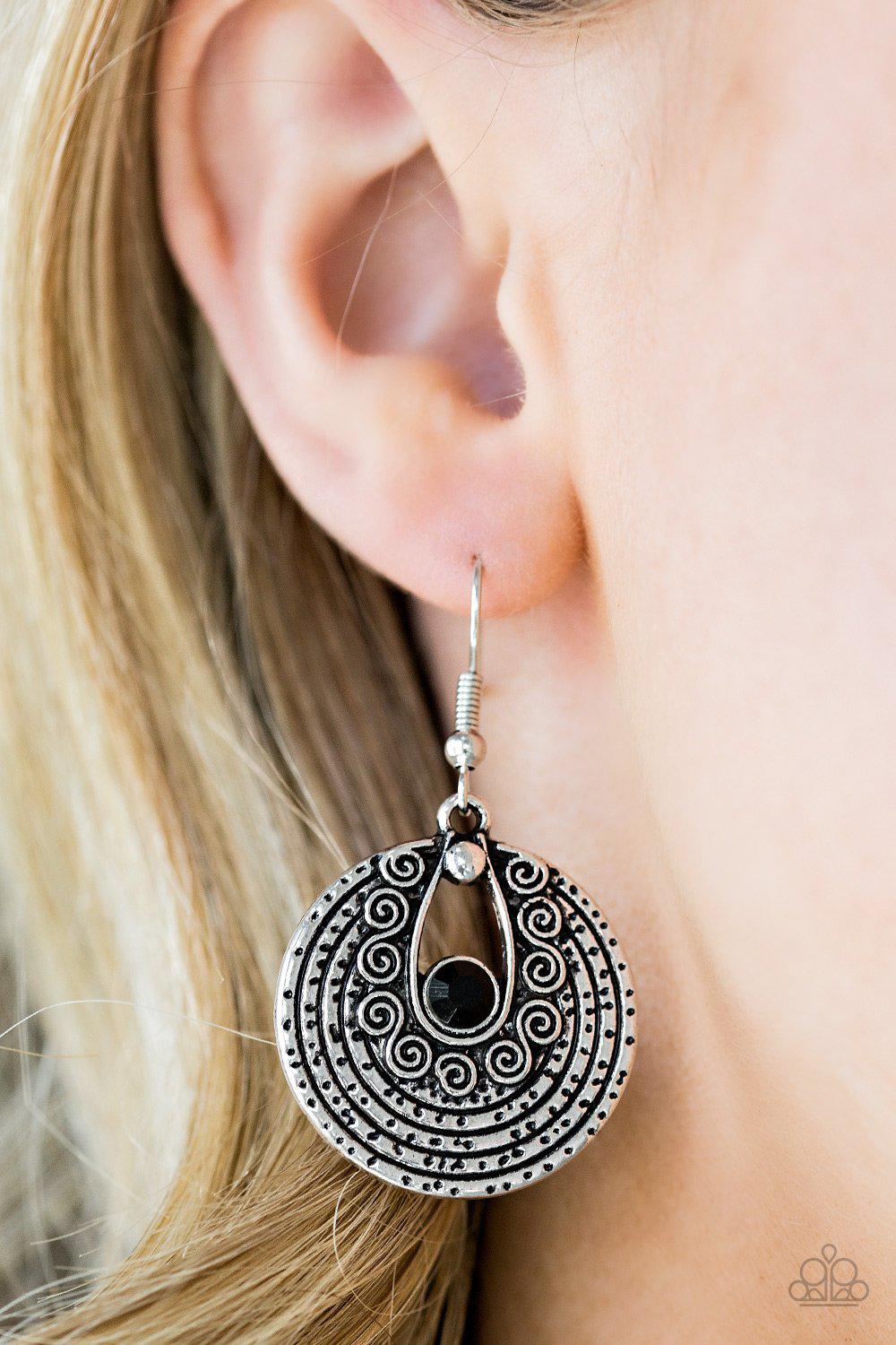 Majestically Mayan Silver and Black Earrings - Paparazzi Accessories-CarasShop.com - $5 Jewelry by Cara Jewels