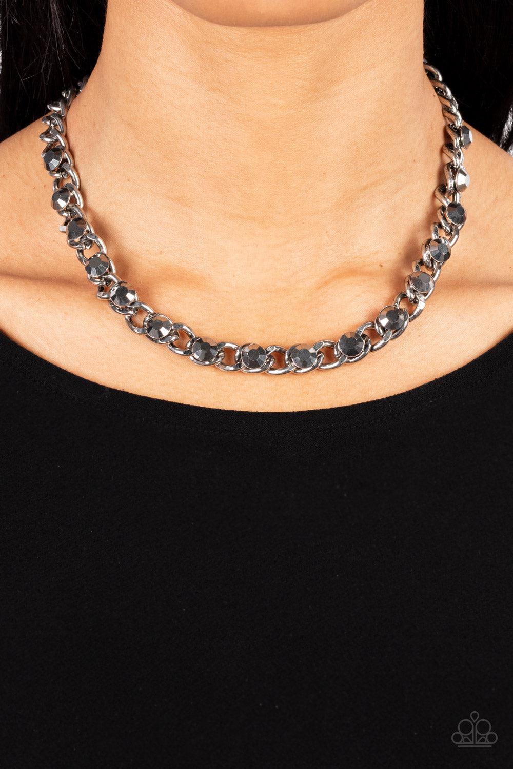Major Moxie Silver &amp; Hematite Rhinestone Necklace - Paparazzi Accessories-on model - CarasShop.com - $5 Jewelry by Cara Jewels