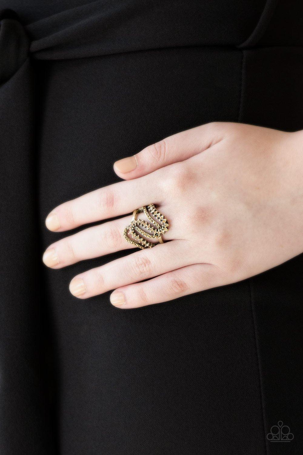 Make Waves Brass Rhinestone Ring - Paparazzi Accessories- model - CarasShop.com - $5 Jewelry by Cara Jewels