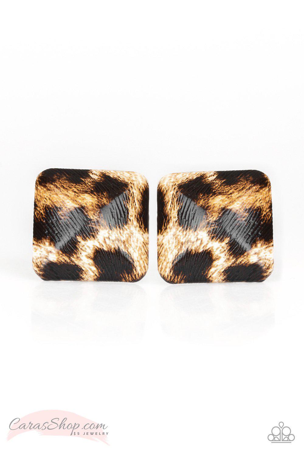 Making HISS-tory Brown Animal Print Post Earrings - Paparazzi Accessories-CarasShop.com - $5 Jewelry by Cara Jewels