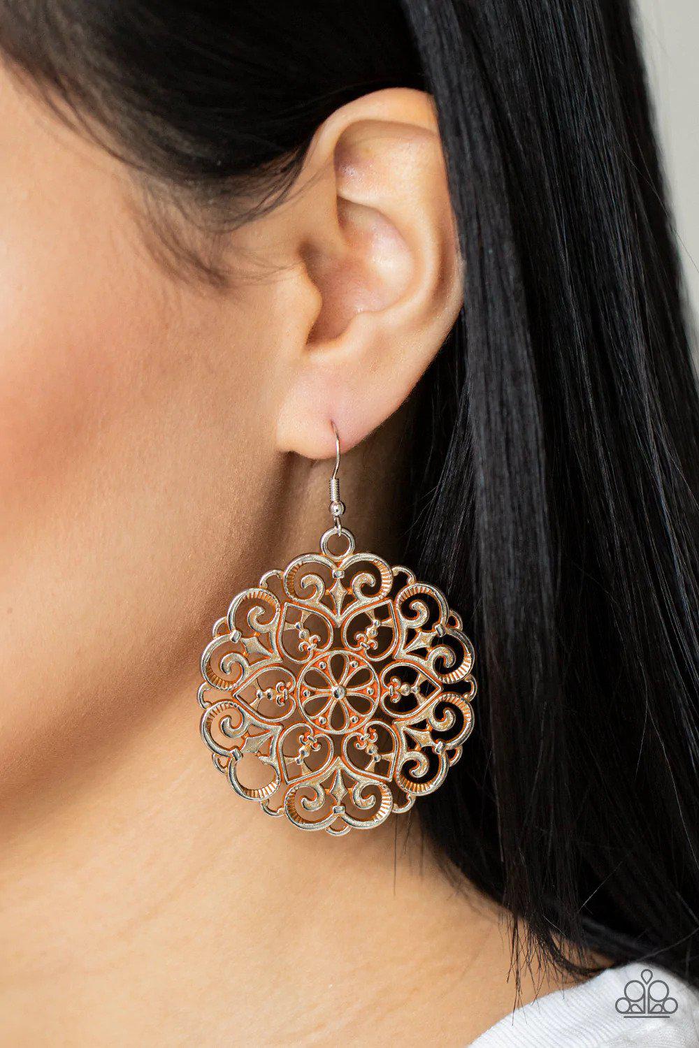 MANDALA Effect Orange Earrings - Paparazzi Accessories- on model - CarasShop.com - $5 Jewelry by Cara Jewels