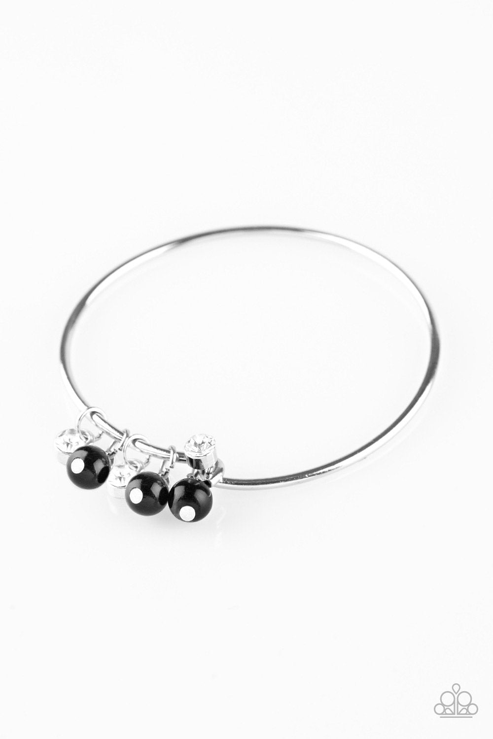 Marine Melody Black Bead And White Rhinestone Charm Bangle Bracelet - Paparazzi Accessories-CarasShop.com - $5 Jewelry by Cara Jewels