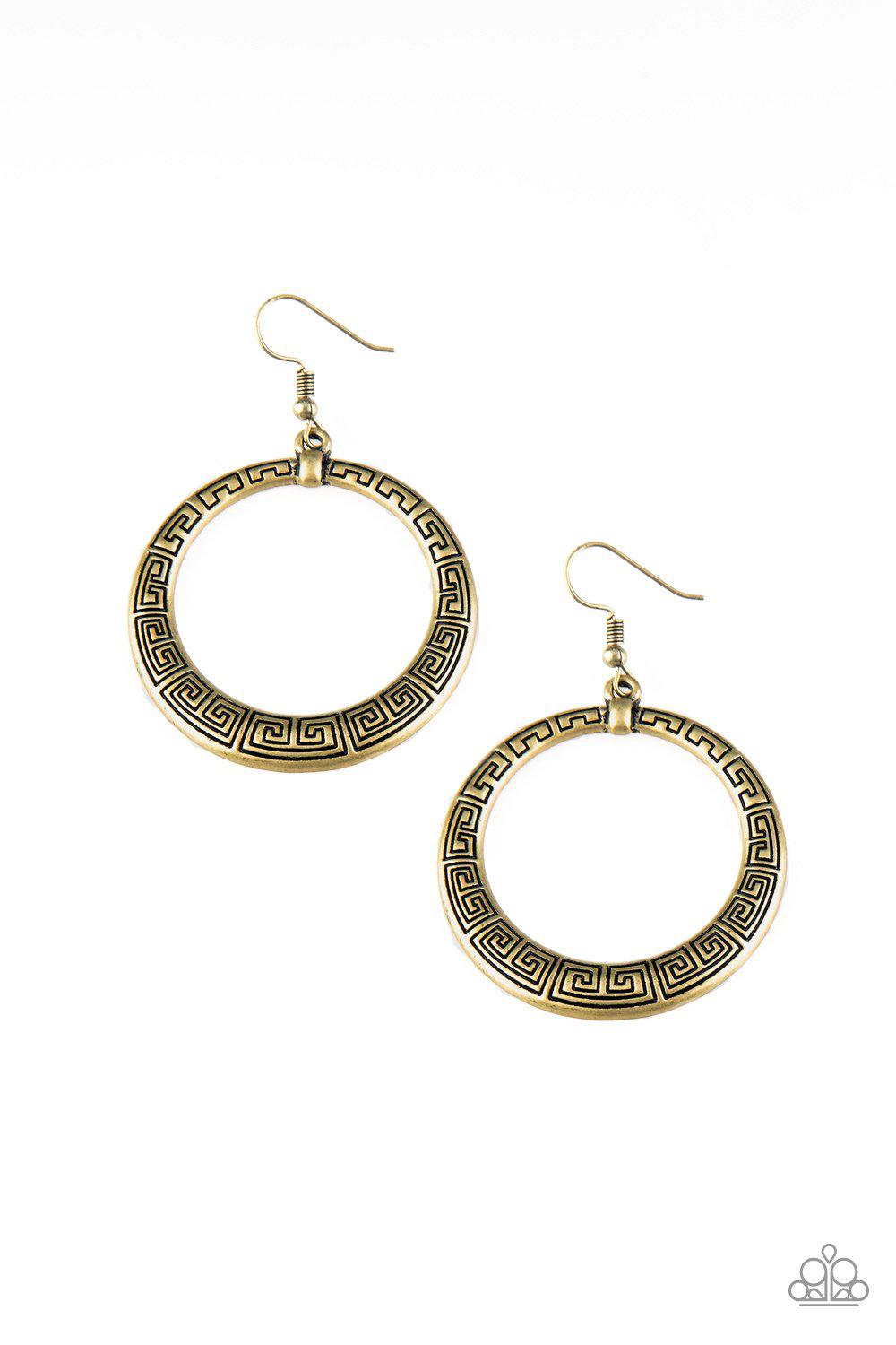 Mayan Mantra Brass Earrings - Paparazzi Accessories - lightbox -CarasShop.com - $5 Jewelry by Cara Jewels
