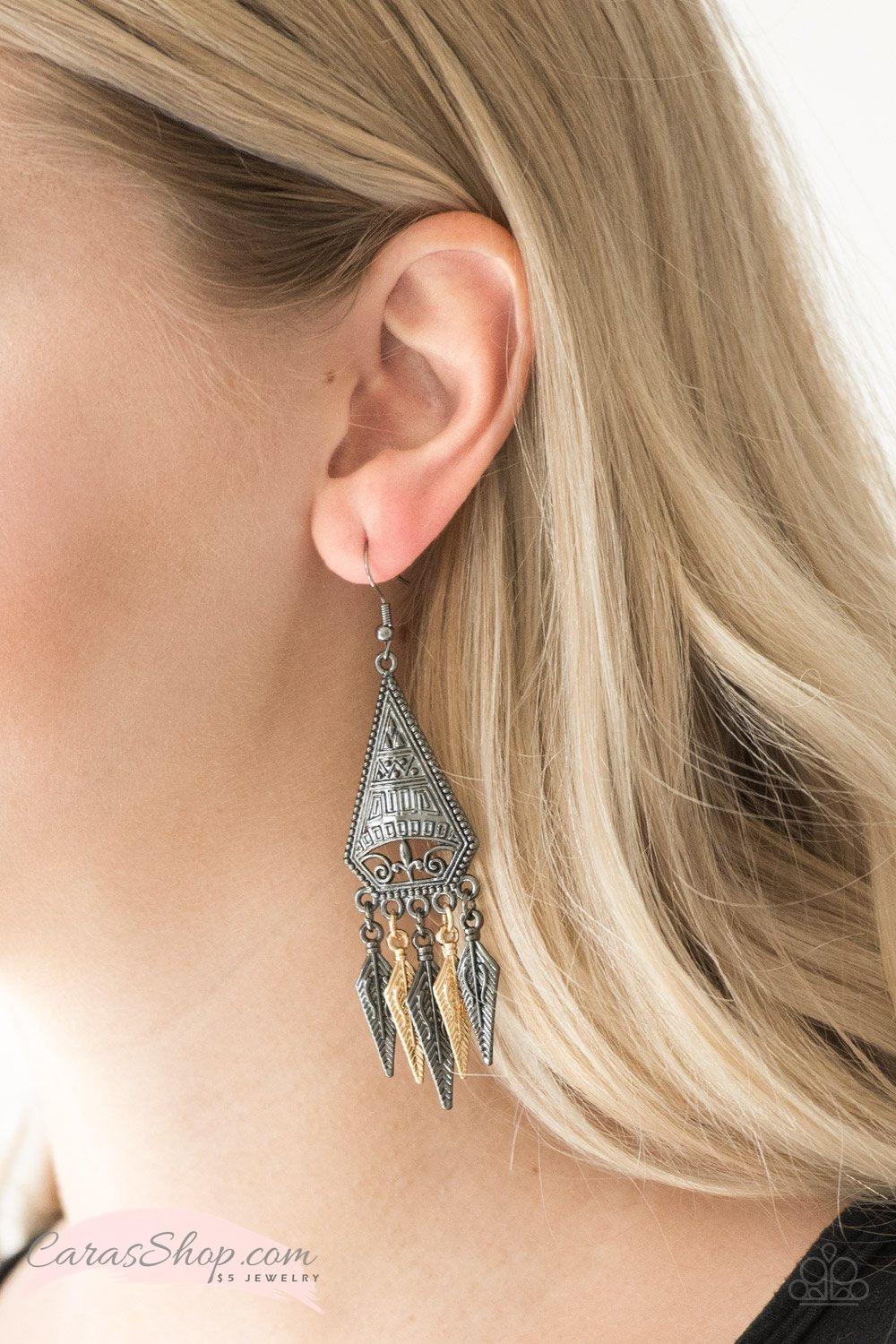 Me Oh MAYAN - Gold and Gunmetal Earrings - Paparazzi Accessories-CarasShop.com - $5 Jewelry by Cara Jewels