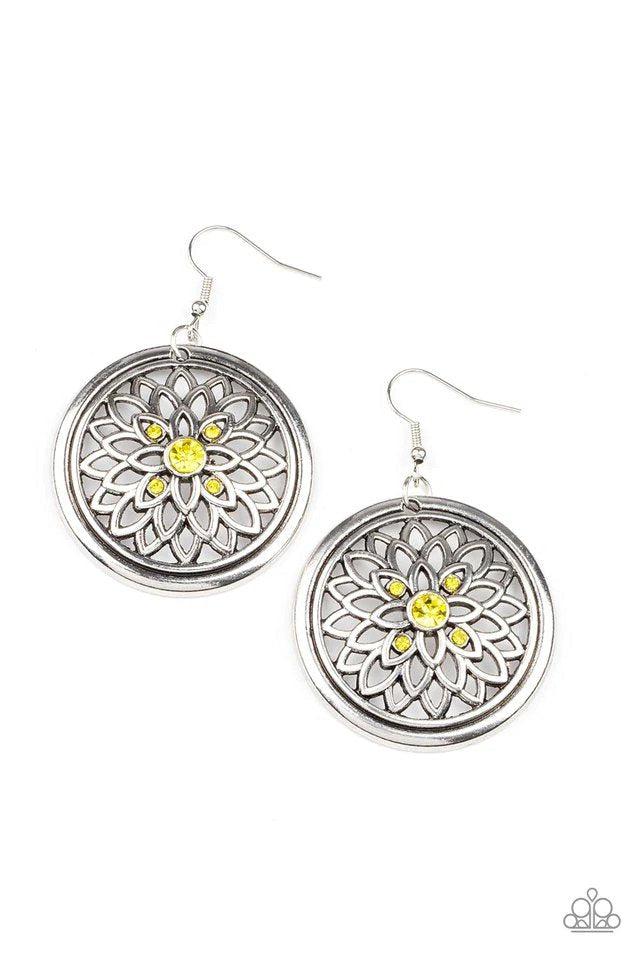 Mega Medallions Yellow Earrings - Paparazzi Accessories- lightbox - CarasShop.com - $5 Jewelry by Cara Jewels