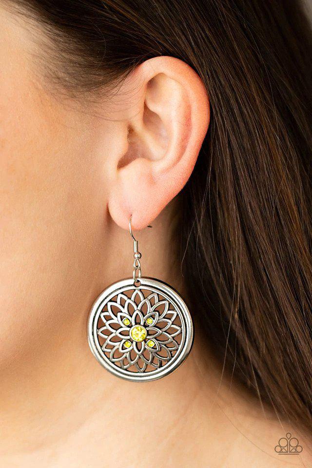 Mega Medallions Yellow Earrings - Paparazzi Accessories- on model - CarasShop.com - $5 Jewelry by Cara Jewels