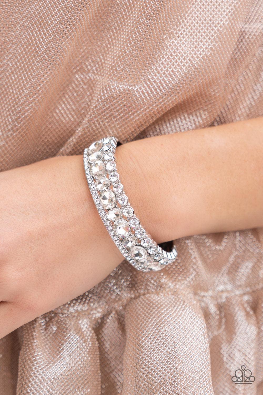 Mega Megawatt White Rhinestone Bracelet - Paparazzi Accessories- on model - CarasShop.com - $5 Jewelry by Cara Jewels