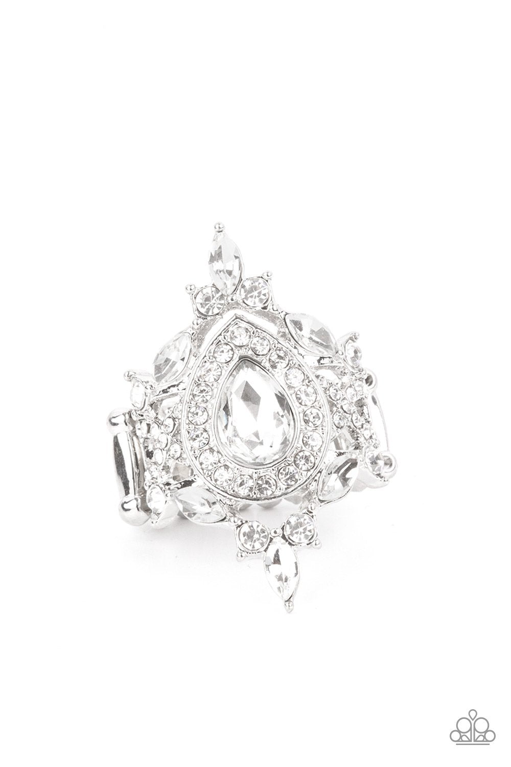 Mega Stardom White Rhinestone Ring - Paparazzi Accessories 2021 EMP Exclusive - lightbox -CarasShop.com - $5 Jewelry by Cara Jewels