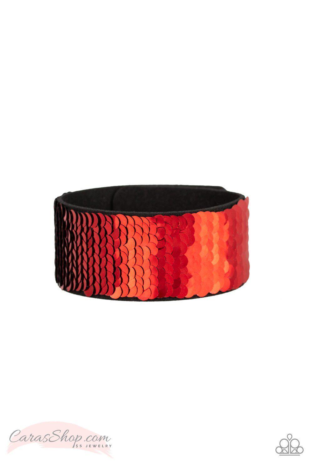 Mer-mazingly Mermaid Red and Black Reversible Sequin Wrap Snap Bracelet - Paparazzi Accessories-CarasShop.com - $5 Jewelry by Cara Jewels