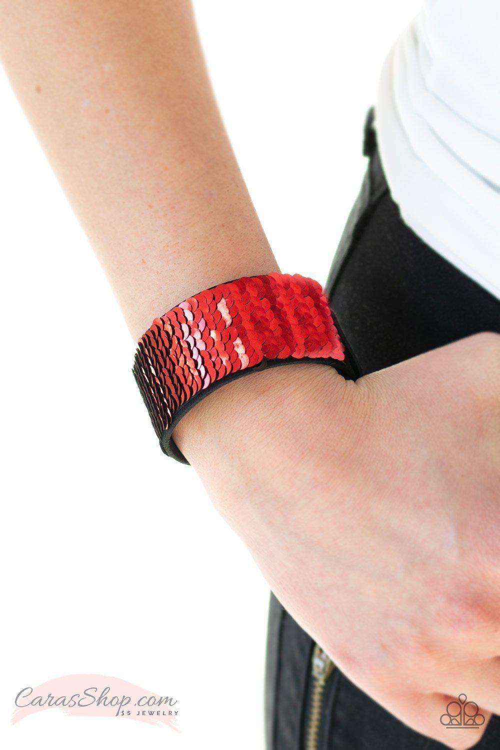 Mer-mazingly Mermaid Red and Black Reversible Sequin Wrap Snap Bracelet - Paparazzi Accessories-CarasShop.com - $5 Jewelry by Cara Jewels