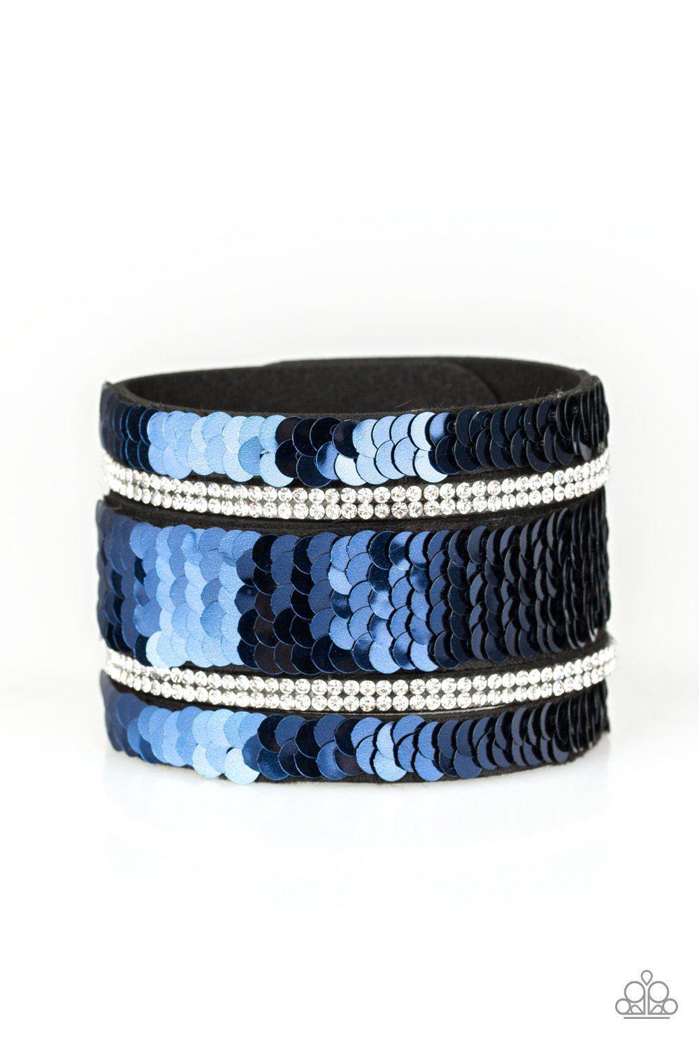 MERMAID Service Blue and Silver Sequin Reversible Urban Wrap Snap Bracelet - Paparazzi Accessories-CarasShop.com - $5 Jewelry by Cara Jewels