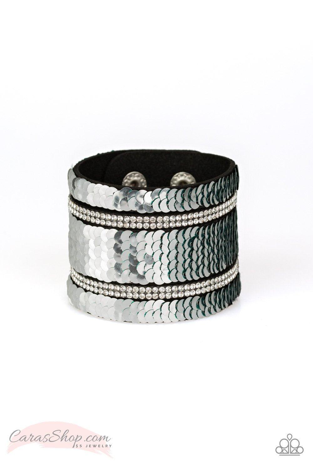 Mermaid Service Green and Silver Reversible Sequin Wrap Snap Bracelet - Paparazzi Accessories-CarasShop.com - $5 Jewelry by Cara Jewels