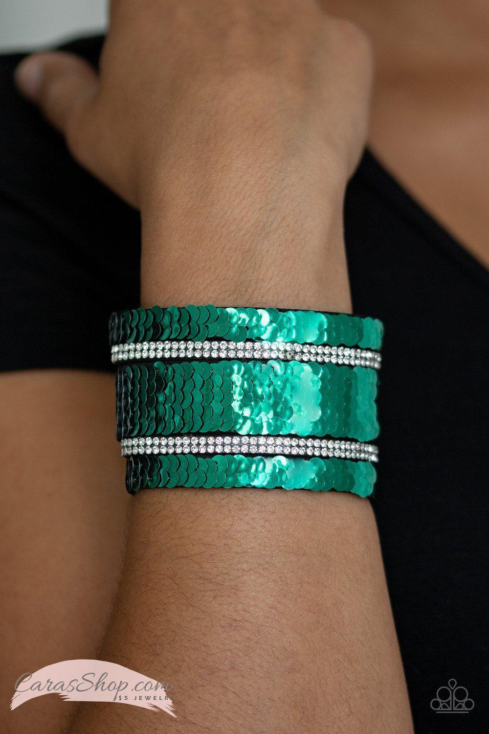 Mermaid Service Green and Silver Reversible Sequin Wrap Snap Bracelet - Paparazzi Accessories-CarasShop.com - $5 Jewelry by Cara Jewels