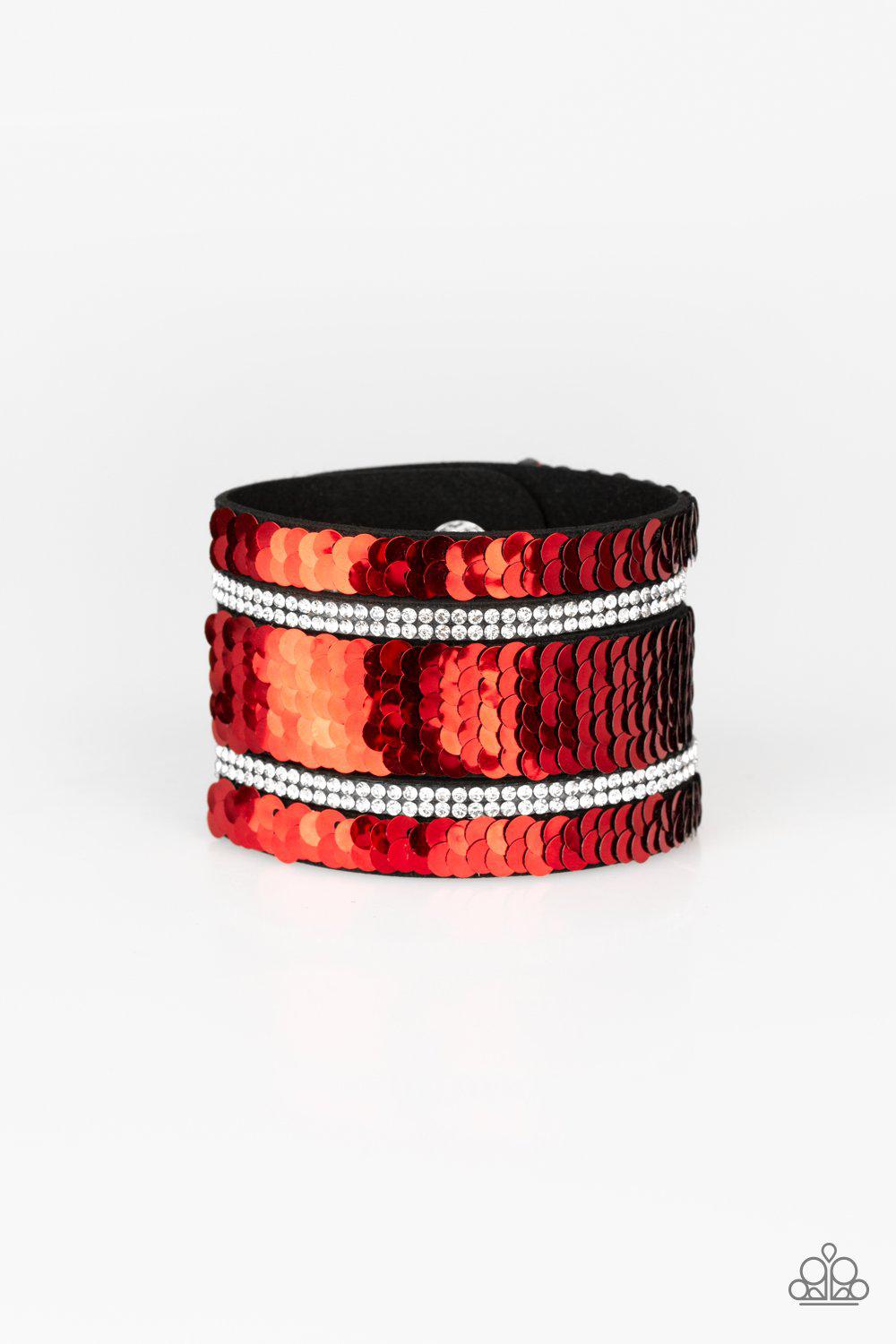 MERMAID Service Red and Silver Reversible Sequin Wrap Snap Bracelet - Paparazzi Accessories-CarasShop.com - $5 Jewelry by Cara Jewels