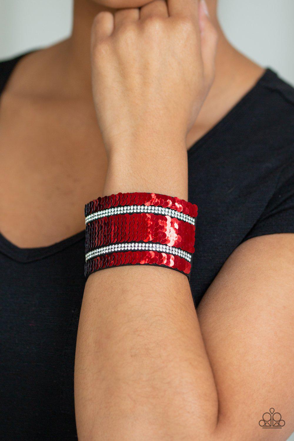 MERMAID Service Red and Silver Reversible Sequin Wrap Snap Bracelet - Paparazzi Accessories-CarasShop.com - $5 Jewelry by Cara Jewels