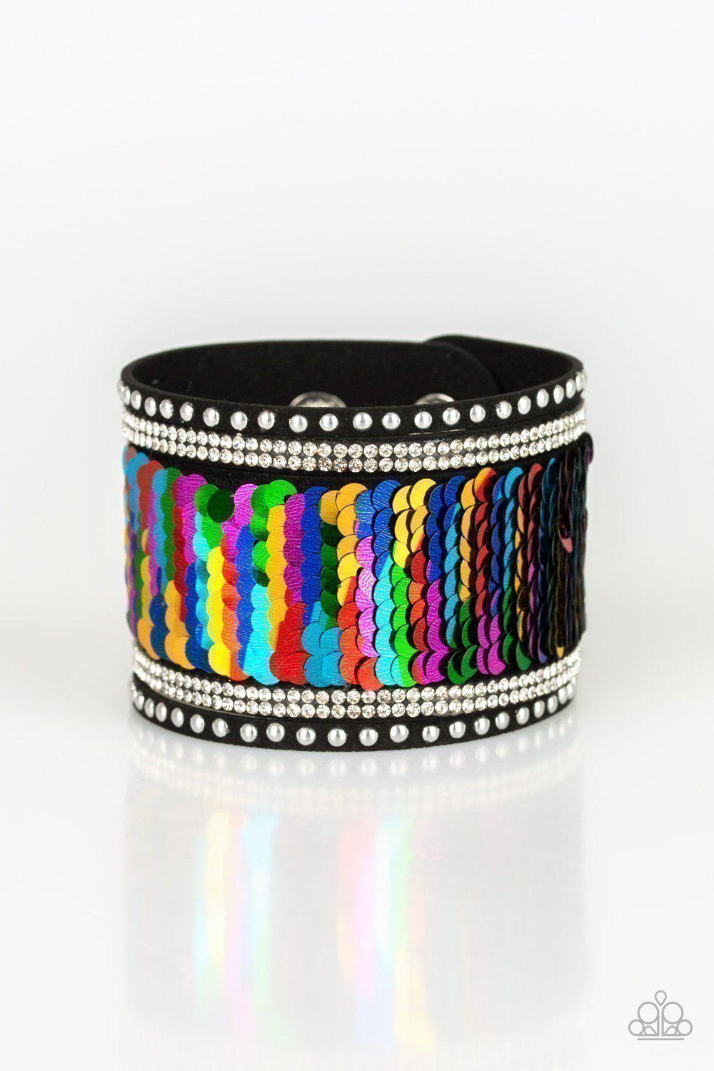 MERMAIDS Have More Fun Multicolor and Silver Sequin Reversible Urban Wrap Snap Bracelet - Paparazzi Accessories-CarasShop.com - $5 Jewelry by Cara Jewels